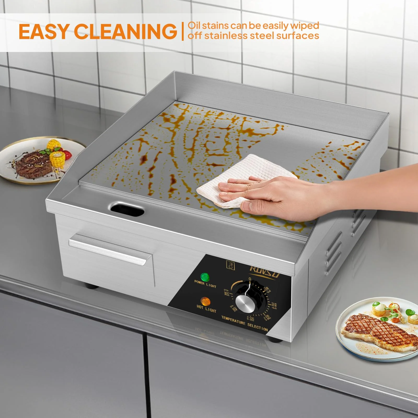 ROVSUN 14" Electric Countertop Flat Top Griddle, 1500W Electric Griddle, Teppanyaki Grill Stainless Steel with Adjustable Temperature Control 122°F-572°F for Home Restaurant Commercial - Image 6