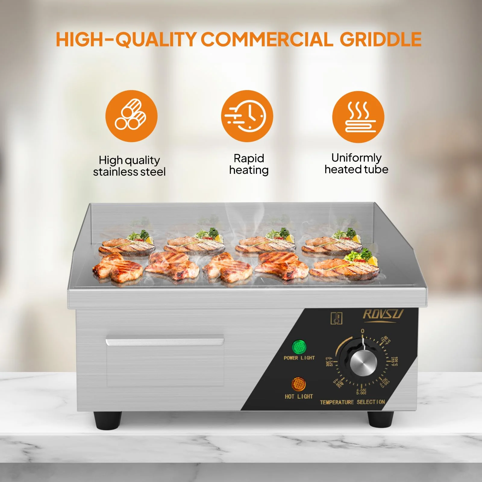 ROVSUN 14" Electric Countertop Flat Top Griddle, 1500W Electric Griddle, Teppanyaki Grill Stainless Steel with Adjustable Temperature Control 122°F-572°F for Home Restaurant Commercial - Image 7