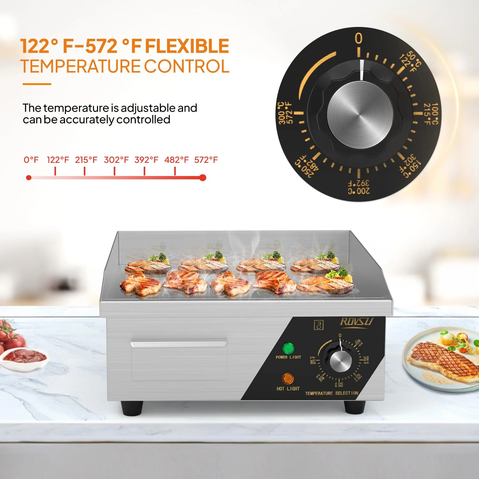 ROVSUN 14" Electric Countertop Flat Top Griddle, 1500W Electric Griddle, Teppanyaki Grill Stainless Steel with Adjustable Temperature Control 122°F-572°F for Home Restaurant Commercial - Image 8