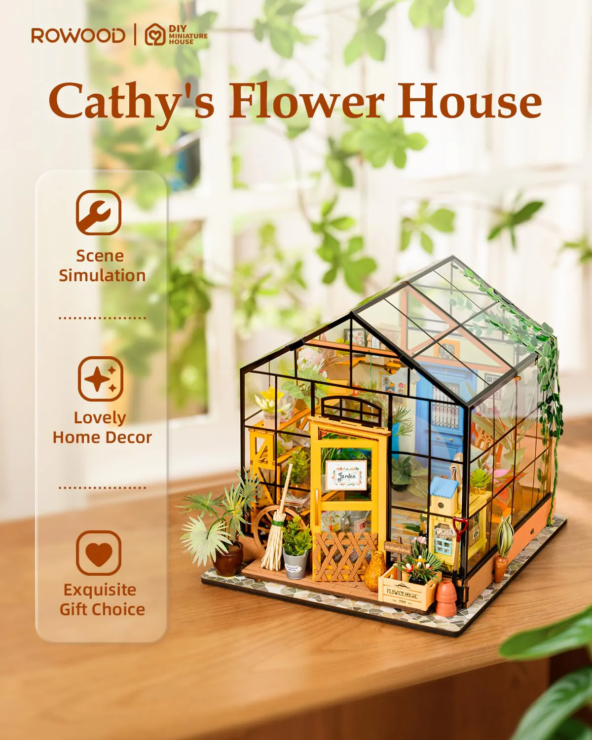 Rowood Miniature House Kit, DIY Miniature Greenhouse Dollhouse Kits for Adults, Mayberry Street Miniatures, Wooden Crafts for Adults, Gifts on Birthday Christmas - Cathy's Flower House - Image 7
