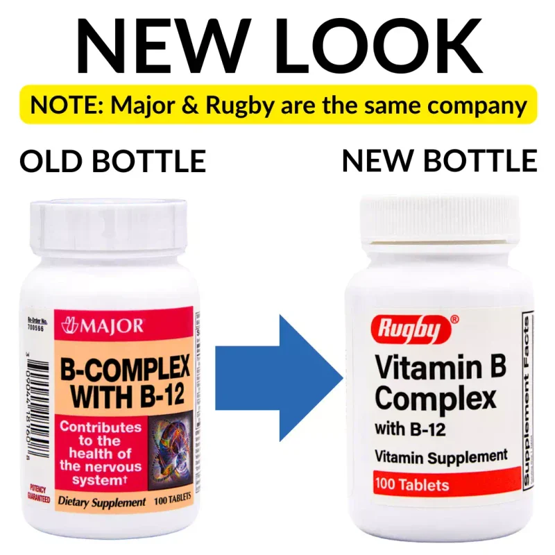 Rugby / Major B-Complex B-12 Vitamins - 100 Tablets | No Gluten (Exp 1-2026) - Image 2