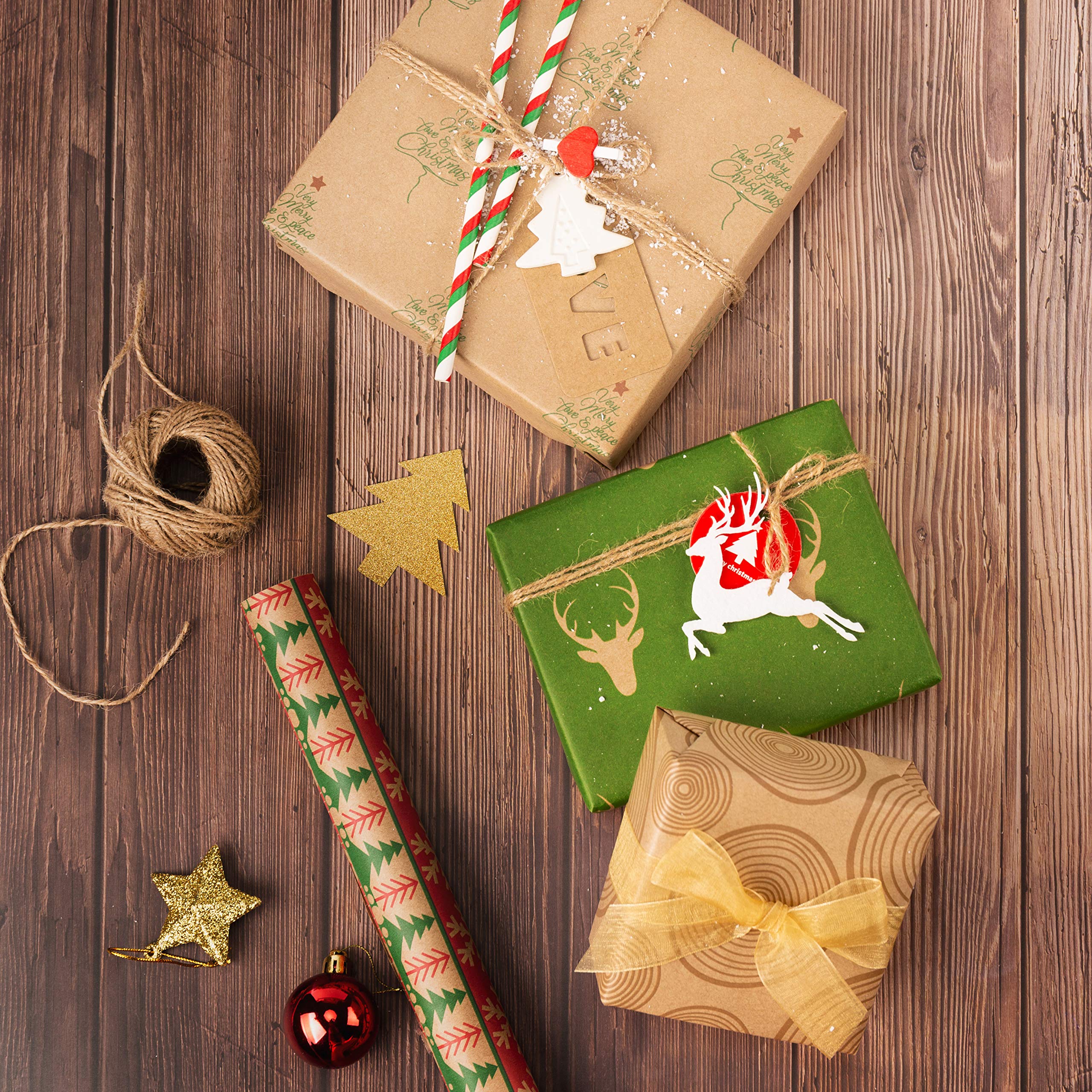 RUSPEPA Christmas Wrapping paper - Brown Kraft Paper with Red and Green Pattern For -Christmas Elements Collection-6 Roll-30Inch X 10Feet Per Roll - Image 6