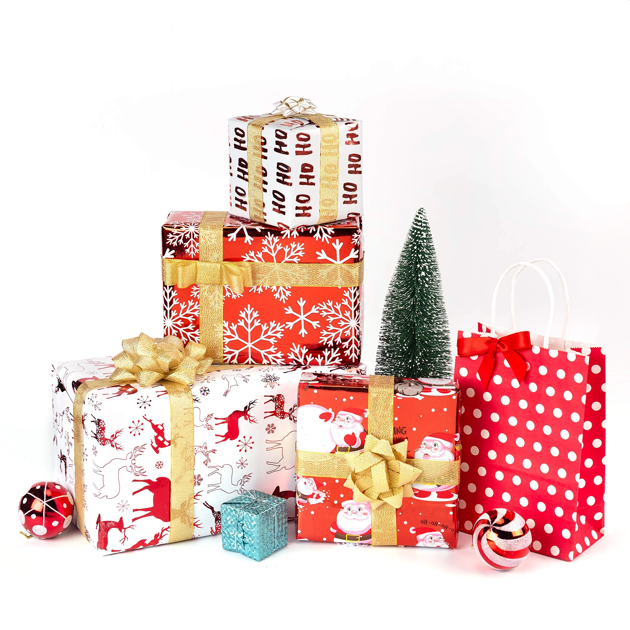 RUSPEPA Christmas Wrapping paper-Red and White Paper with a metallic foil shine-Christmas Elements Collection-4 Roll-30Inch X 10Feet Per Roll - Image 7