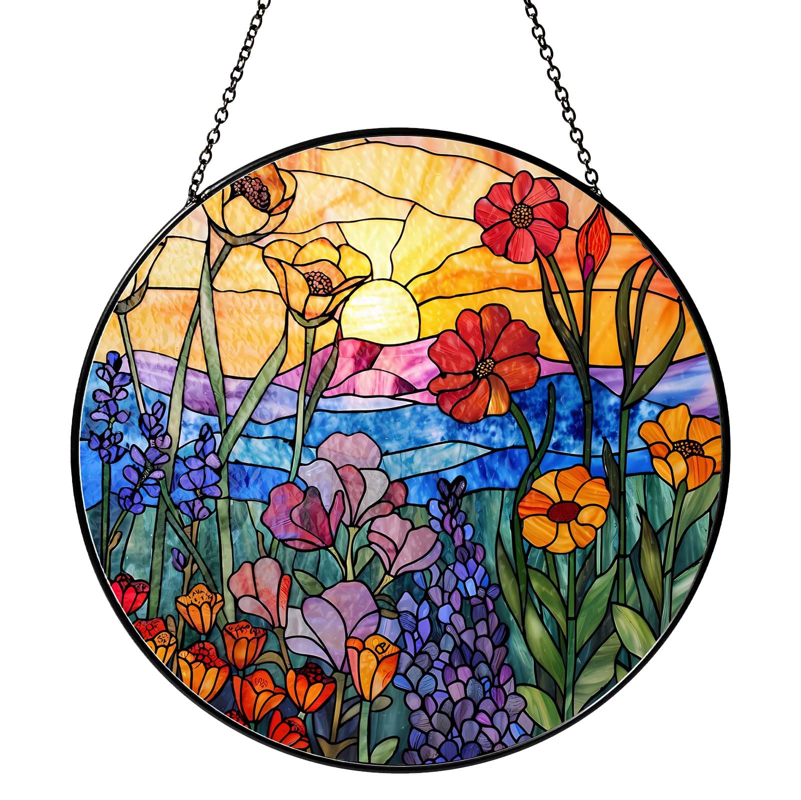 RVEAFA Wildflowers Sun Catcher Stained Glass Window Hanging Plant Lover Gifts for Women Wildflowers Wall Decor Handmade Sun Catcher Decoration for Window Garden Home Christmas & Birthday Gifts