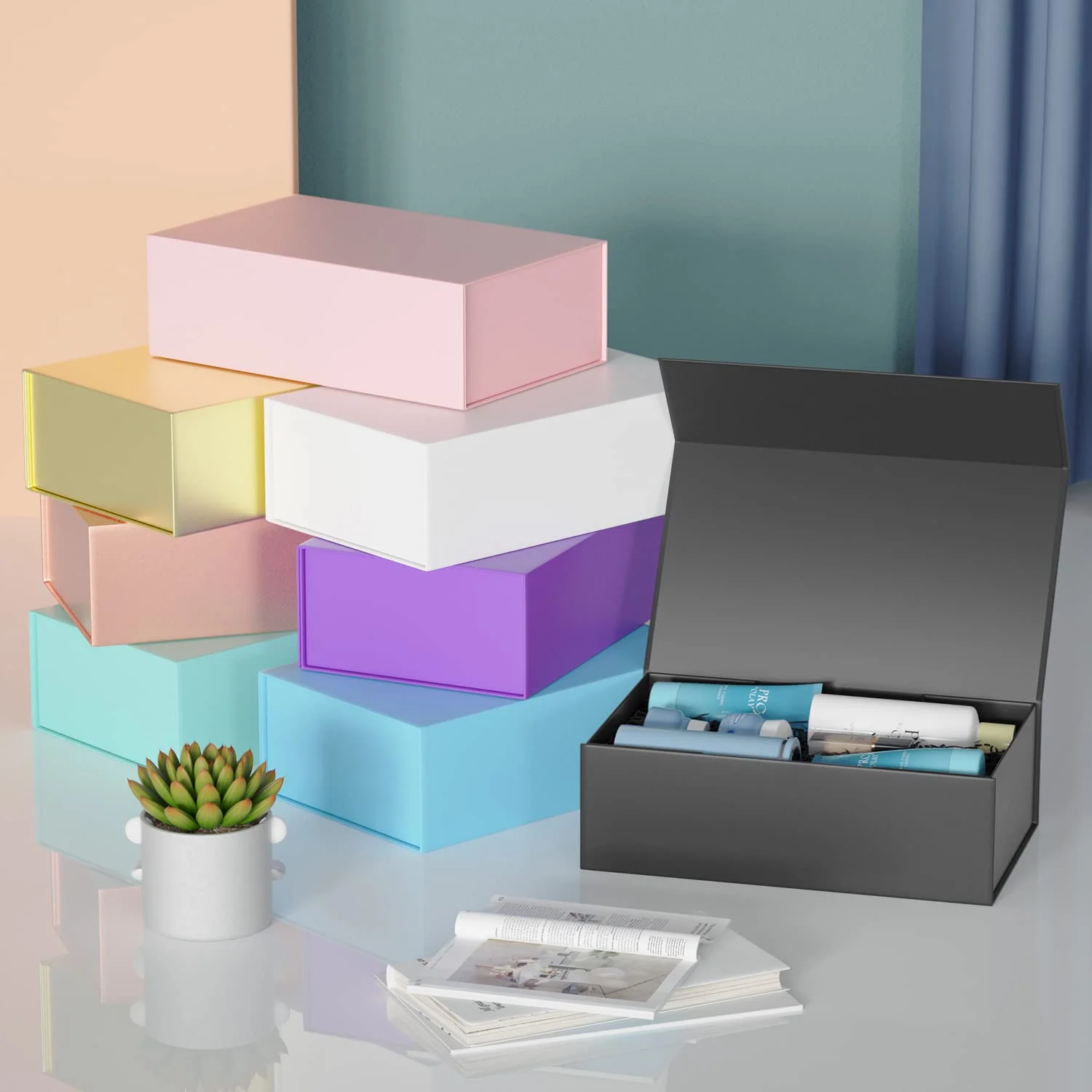 RYDDOY 5 Pack Black Gift Box, 9.5x6x3'' Gift boxes for Presents with Lids Magnetic Closure Rectangle Collapsible for Groomsman Proposal Box, Wedding, Christmas, Halloween, Birthday Gift Packging - Image 2