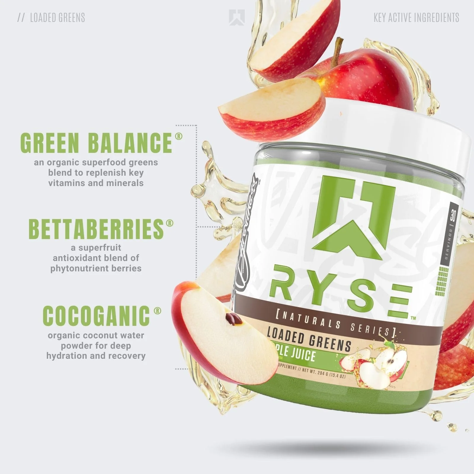 RYSE Loaded Greens Superfood Powder - Apple Juice - Daily Supplement with Greens Balance, BettaBerries & Sukre Fiber - Supports Digestion, Immunity & Energy - No Artificial Sweeteners - 30 Servings - Image 5