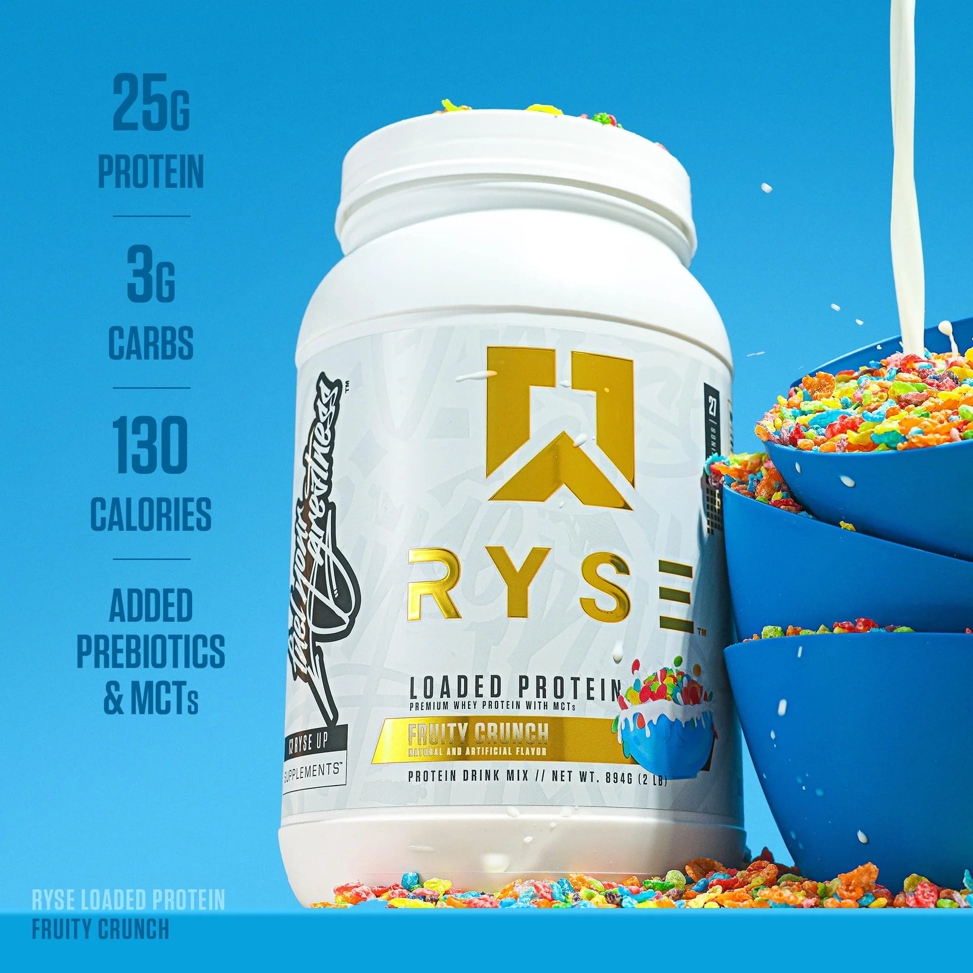RYSE Loaded Protein Powder - Fruity Crunch - 25g Whey Protein Isolate & Concentrate with Prebiotic Fiber & MCTs - Low Carb, Low Sugar, Digestive-Friendly - 27 Servings / 2 lb Tub - Image 4