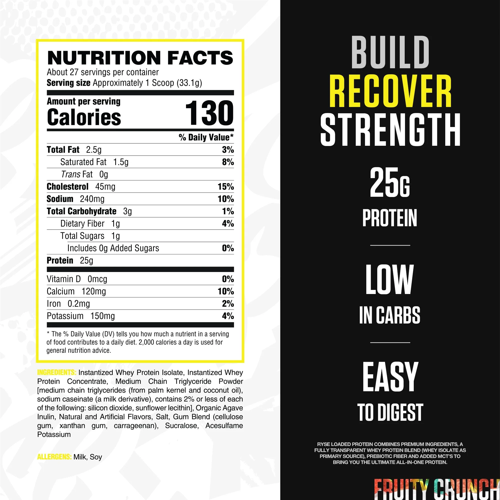 RYSE Loaded Protein Powder - Fruity Crunch - 25g Whey Protein Isolate & Concentrate with Prebiotic Fiber & MCTs - Low Carb, Low Sugar, Digestive-Friendly - 27 Servings / 2 lb Tub - Image 6