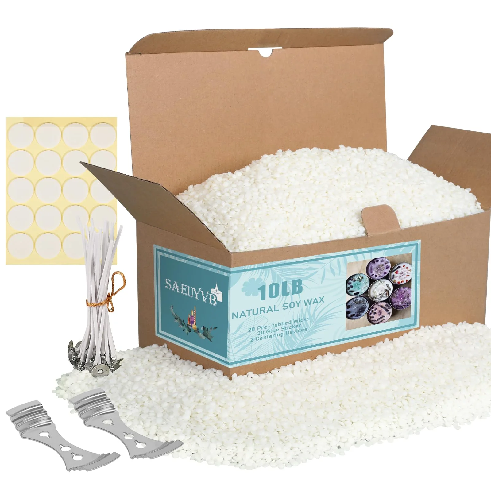 SAEUYVB Natural Soy Candle Wax for Candle Making, 10lb Bag, Premium Granular Soy Wax, 20 Cotton Candle Wicks, 20 Wick Stickers and 2 Centering Devices-Perfect as Christmas Home Decoration