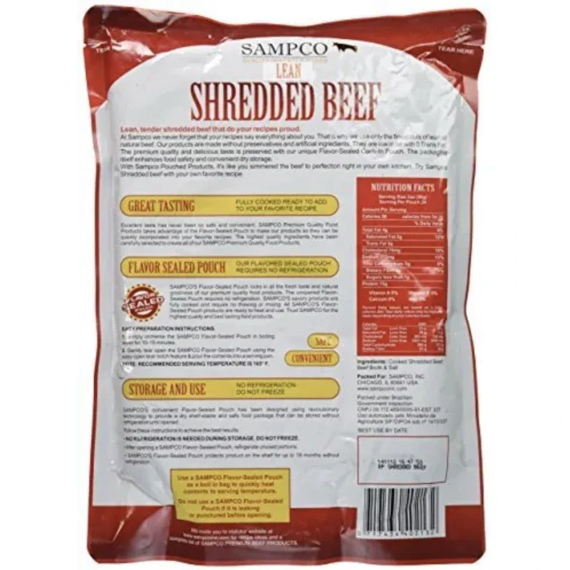 SAMPCO Lean Shredded Beef W/Broth 3lb Pouch Fully Cooked All Natural Brazil 2025 - Image 2