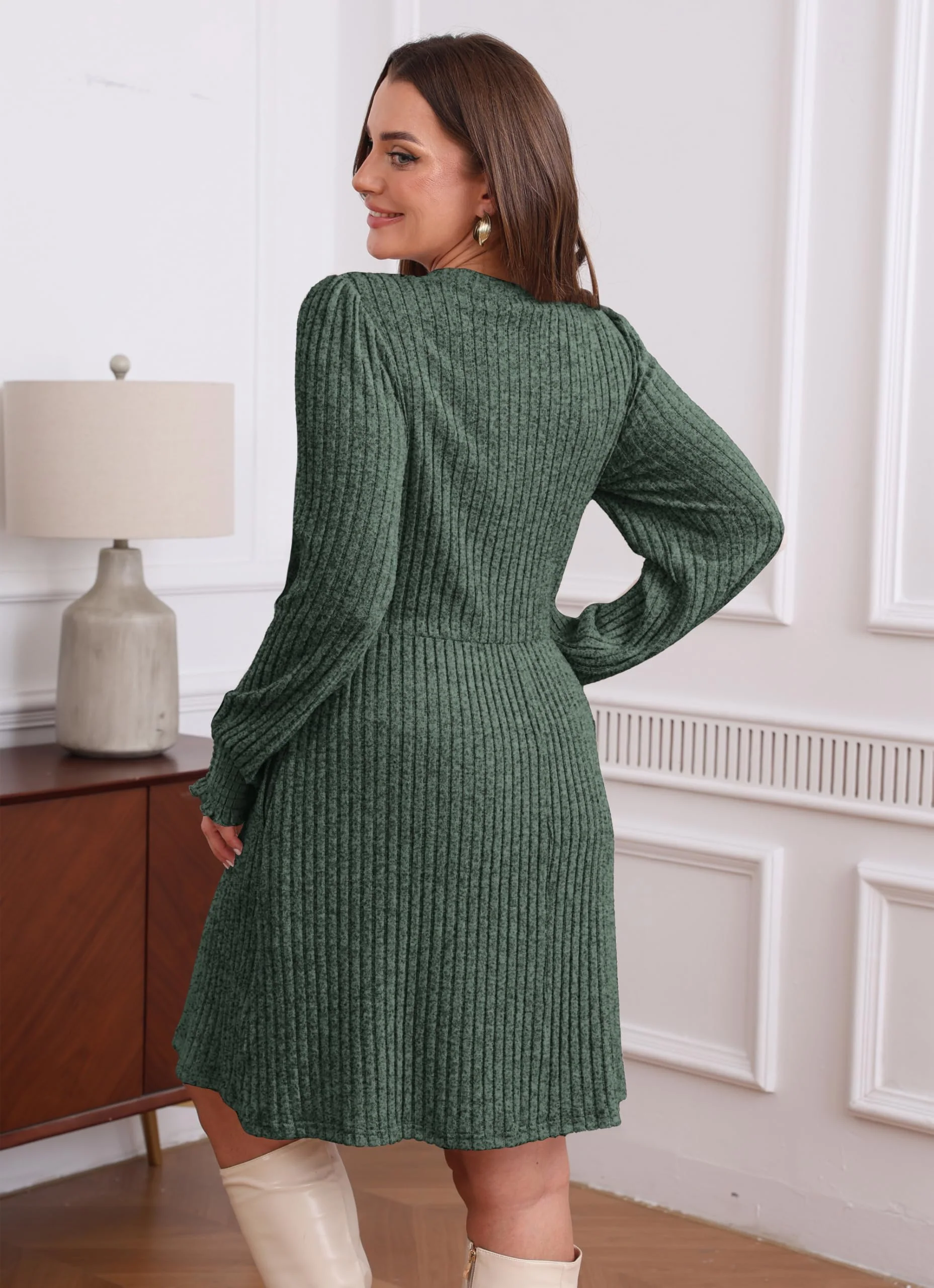 Sampeel Sweater Dress for Women Fashion Christmas Fall Dresses 2025 Cowboy Chic Casual Teacher Outfits Green M - Image 2