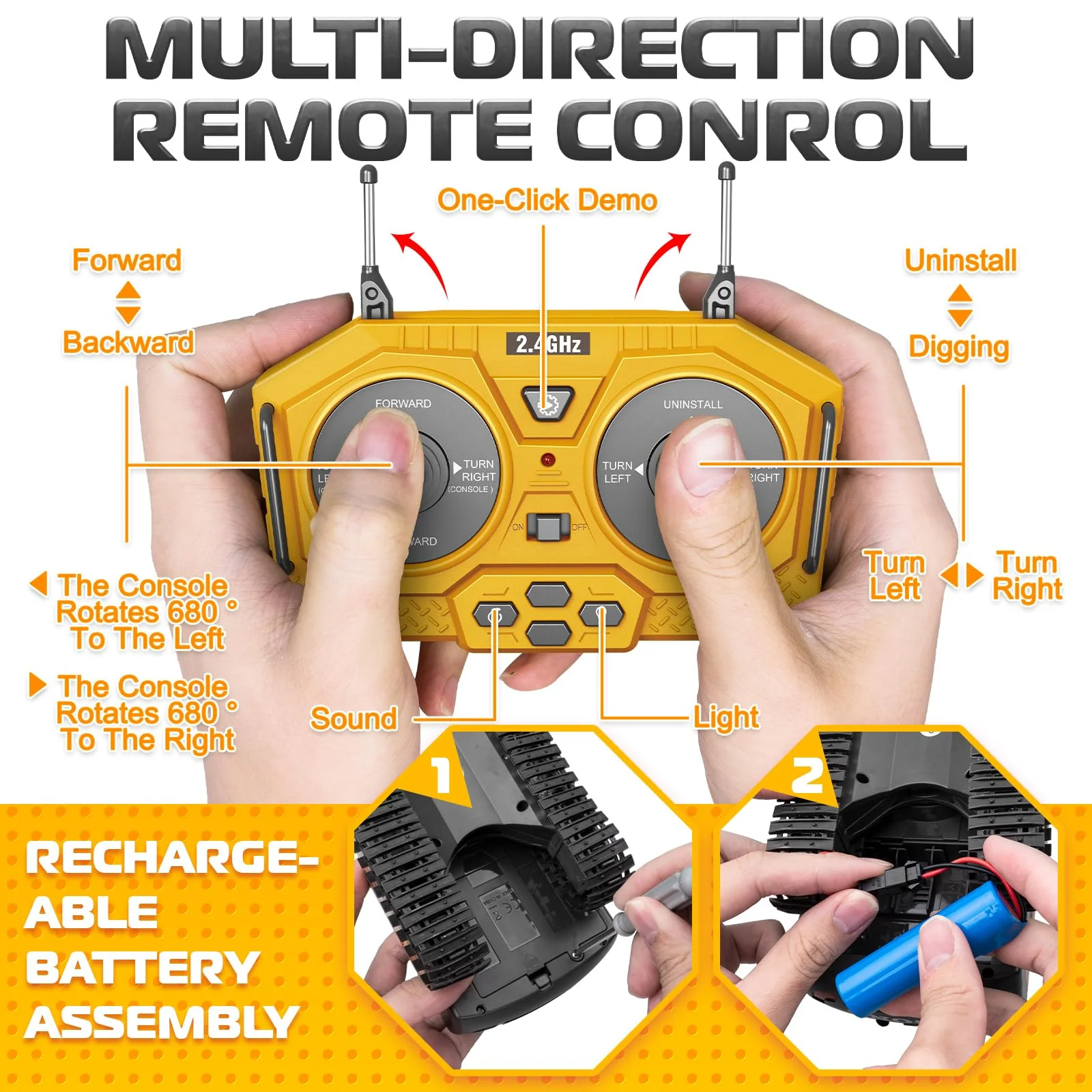 Samtop Remote Control Excavator Toys, 11 Channel 1:20 RC Construction Vehicles, 680° Rotation Hydraulic Car Toys for 4 5 6 7 8 9 10 Year Old Boys Kids, RC Truck Digger Toys Christmas Birthday Gifts - Image 2