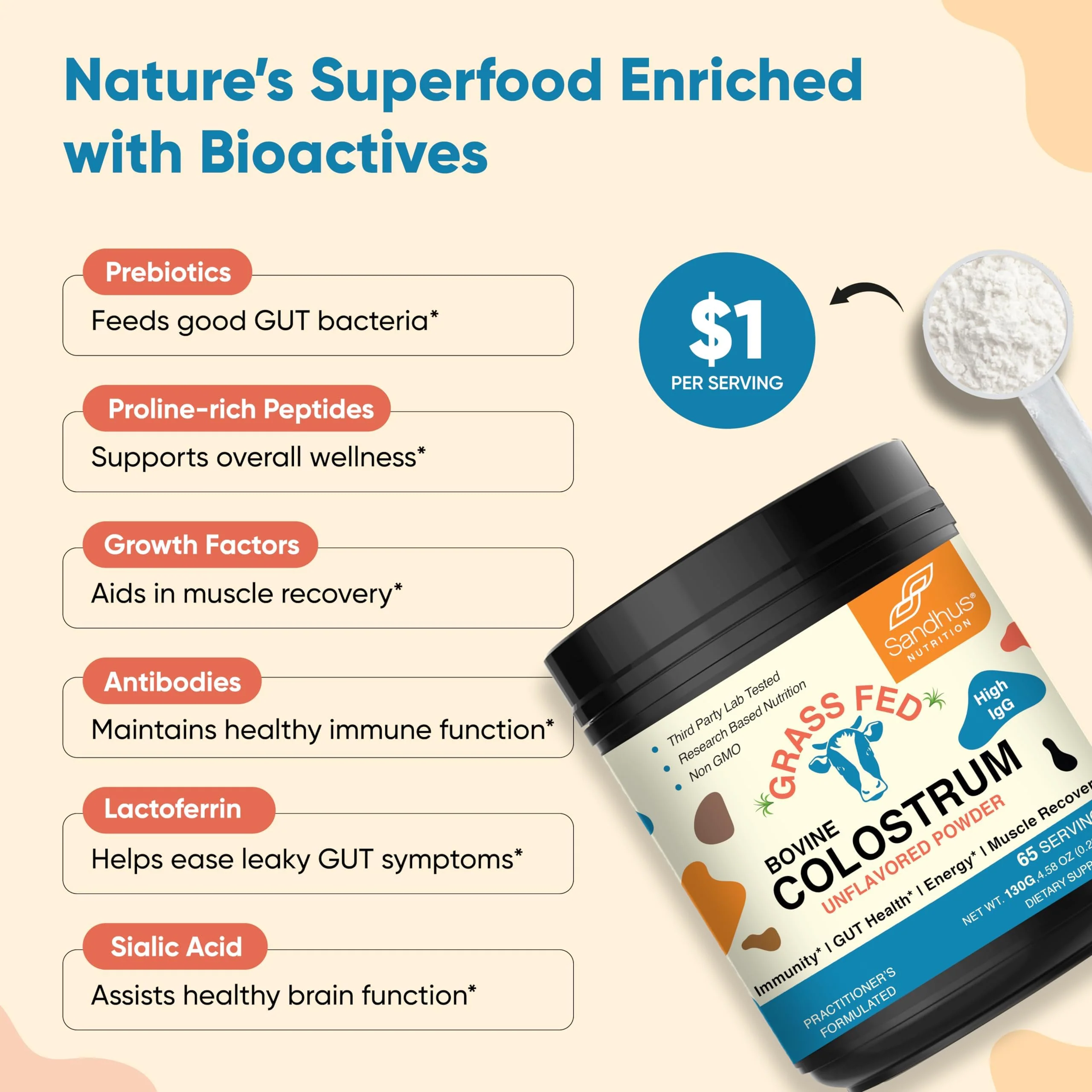 Sandhu's Grass Fed Bovine Colostrum Powder for Humans, Adults | 65 Servings (Pack of 1) Cows Supplement | High IgG for Gut Health | Immunity & Muscle Recovery Support | Unflavored | for Men & Women - Image 6
