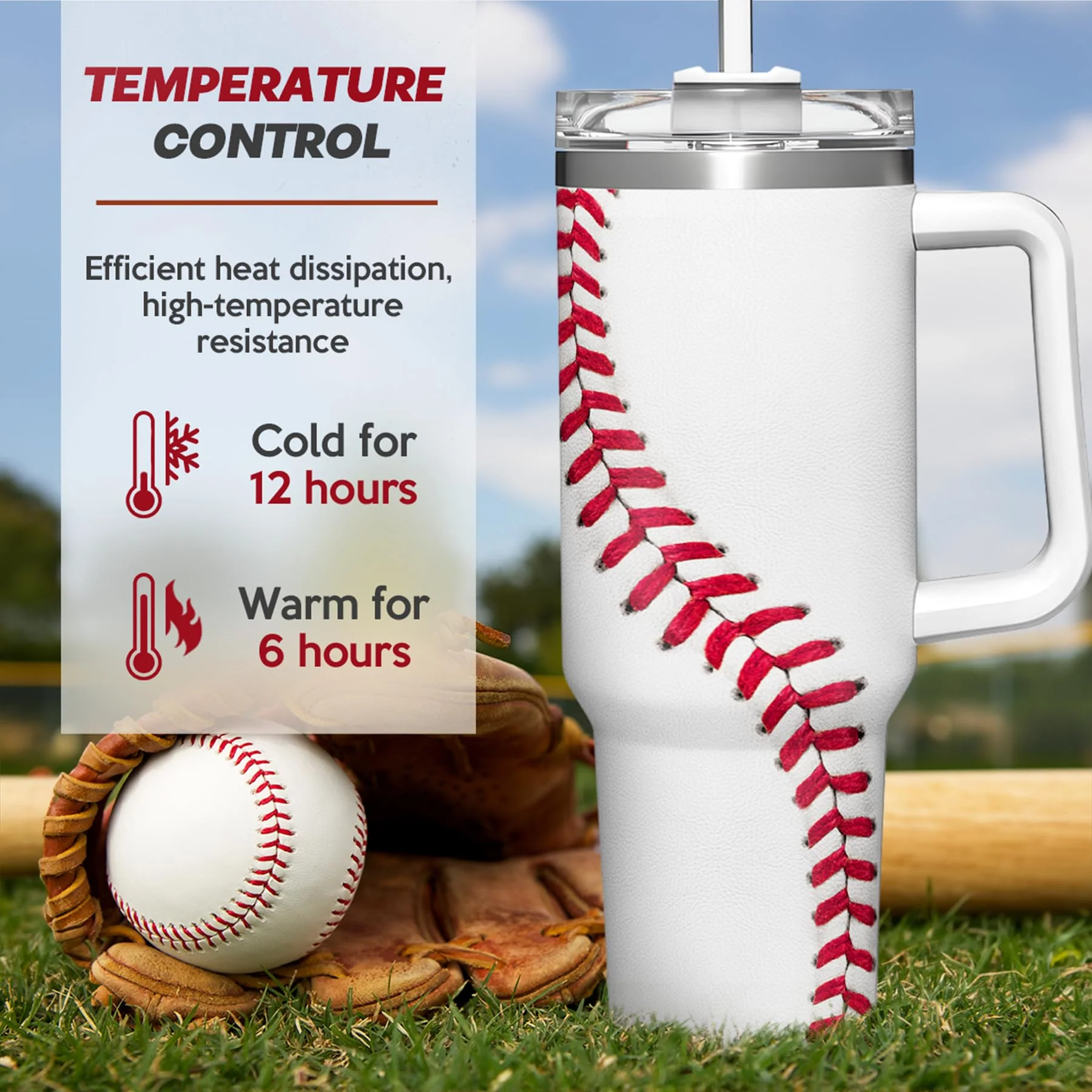 SANDJEST Baseball Tumbler with Handle 40oz, Insulated Stainless Steel Cup with Lid & Straw, Gifts for Men, Boys, Players, Coaches, Sports Lovers, Christmas, Birthday - Image 3