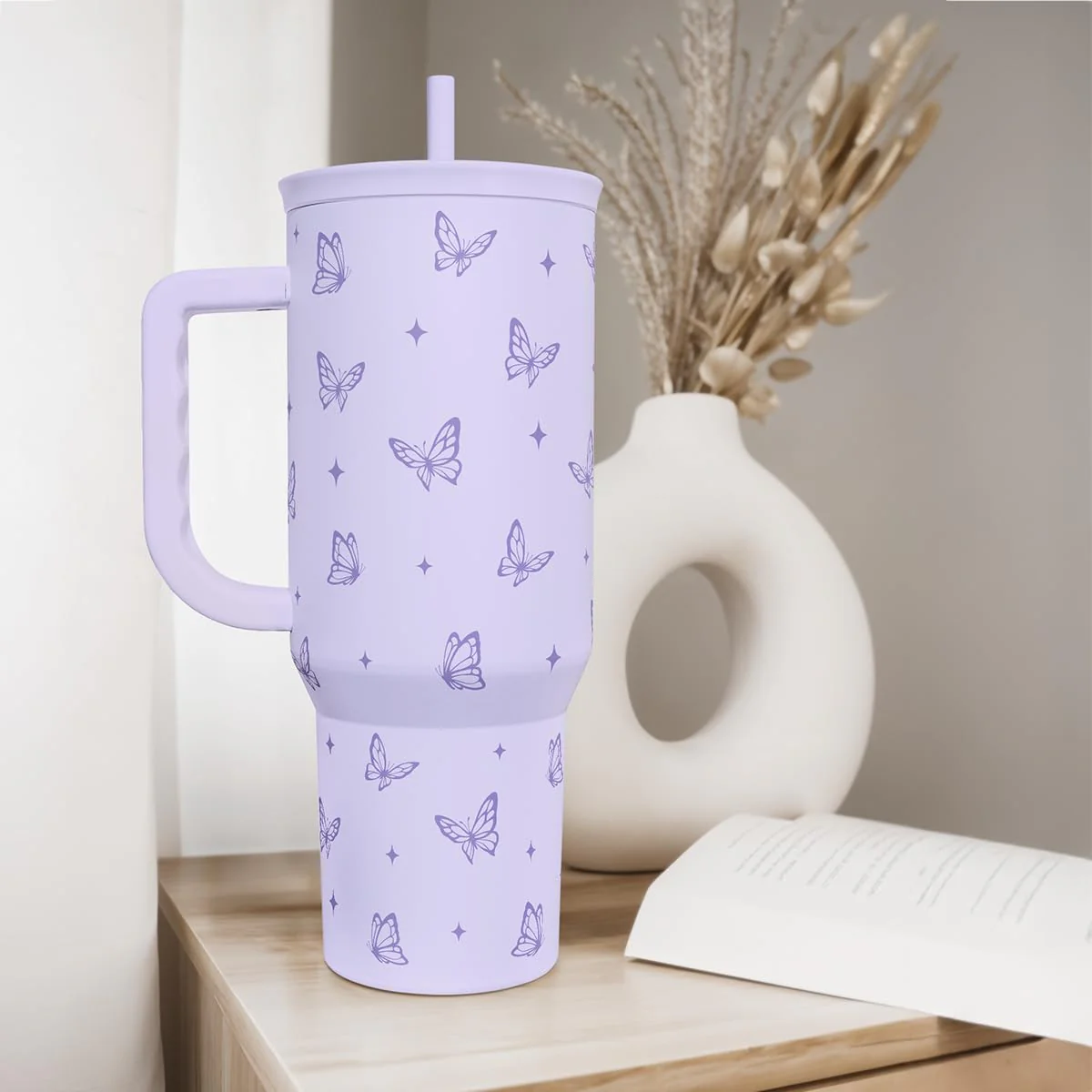 SANDJEST Butterfly Gifts for Women, Purple Butterfly Tumbler with Handle, Stainless Steel Insulated Coffee Travel Mug Cup, Gifts for Women Girls on Birthday Christmas, 40oz - Image 2