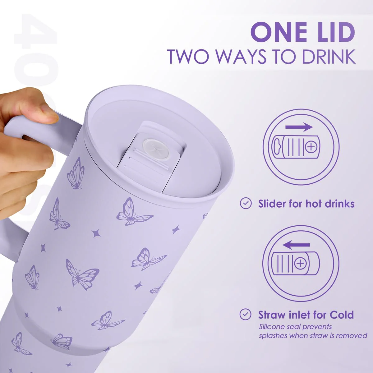 SANDJEST Butterfly Gifts for Women, Purple Butterfly Tumbler with Handle, Stainless Steel Insulated Coffee Travel Mug Cup, Gifts for Women Girls on Birthday Christmas, 40oz - Image 3