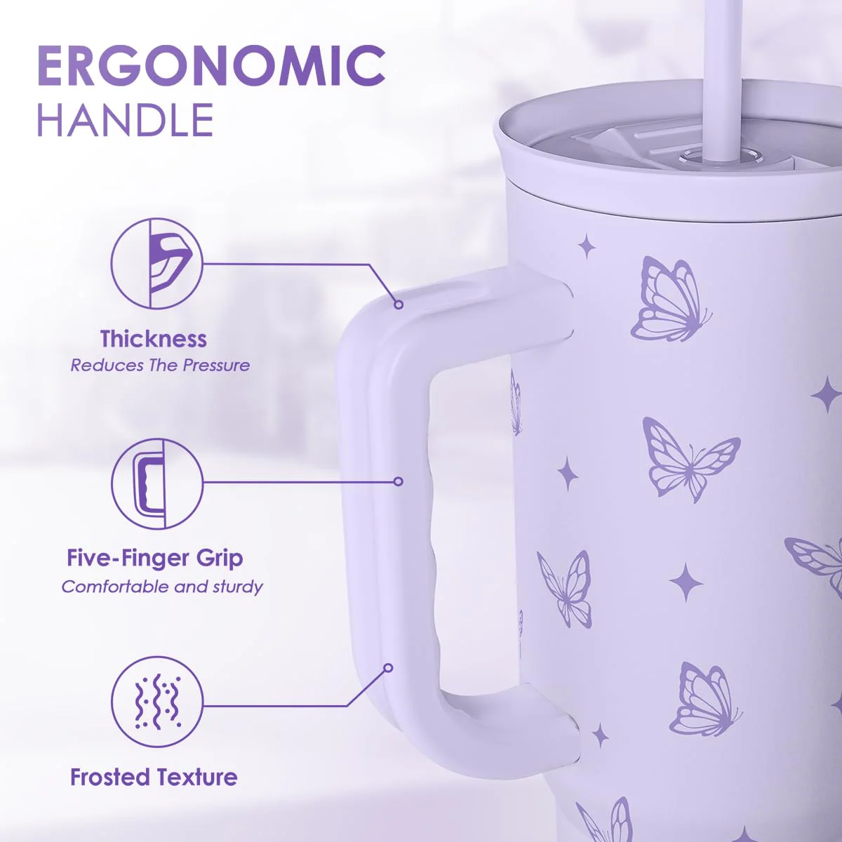 SANDJEST Butterfly Gifts for Women, Purple Butterfly Tumbler with Handle, Stainless Steel Insulated Coffee Travel Mug Cup, Gifts for Women Girls on Birthday Christmas, 40oz - Image 5