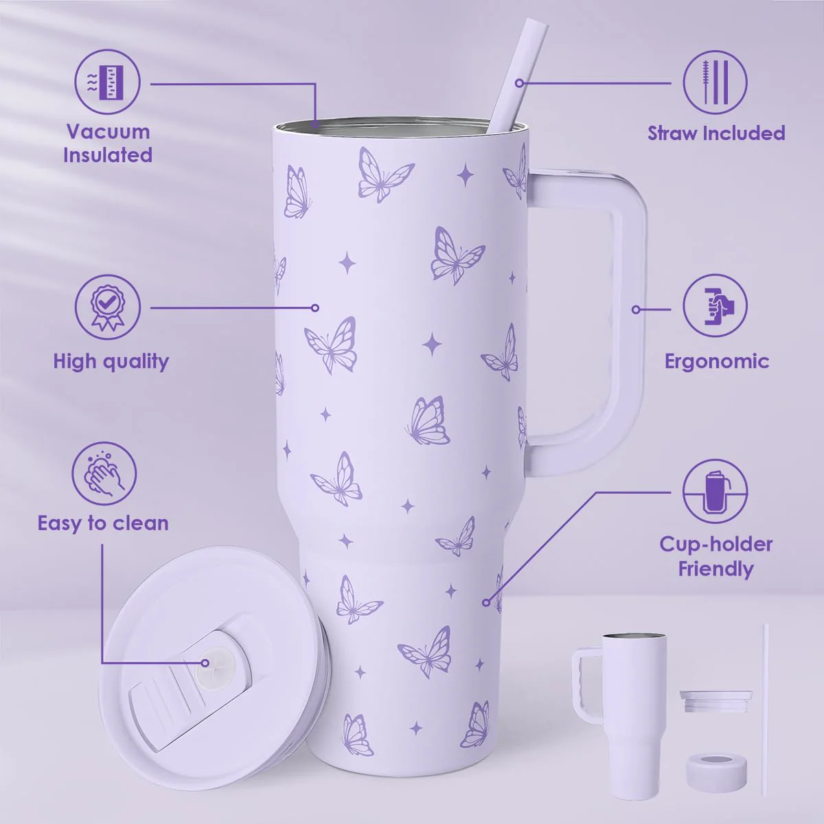 SANDJEST Butterfly Gifts for Women, Purple Butterfly Tumbler with Handle, Stainless Steel Insulated Coffee Travel Mug Cup, Gifts for Women Girls on Birthday Christmas, 40oz - Image 6