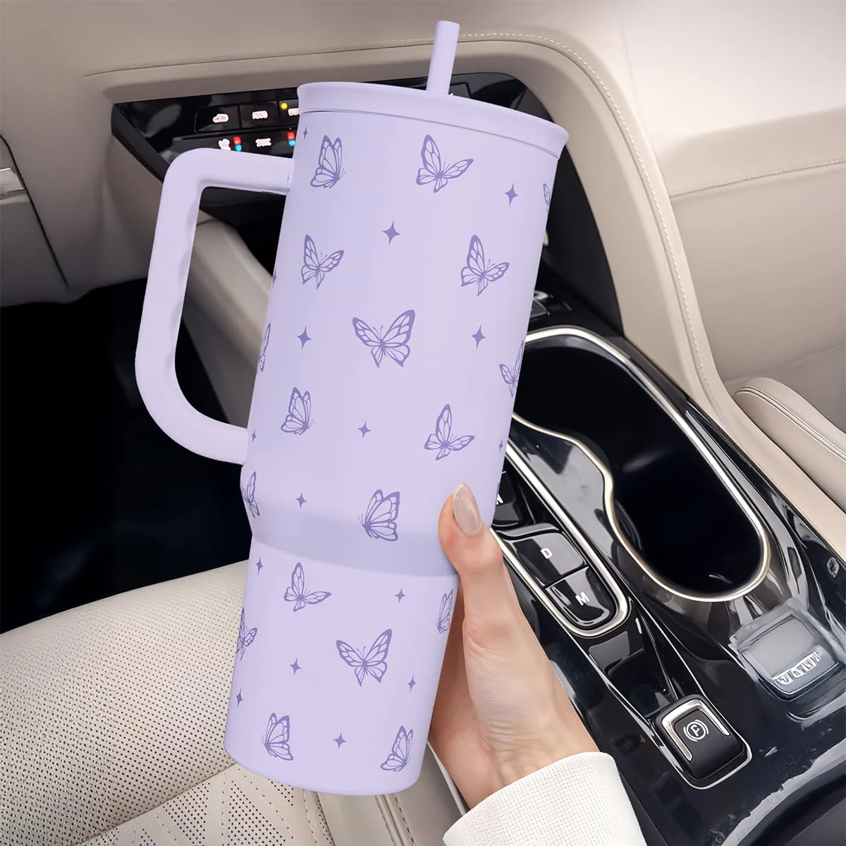 SANDJEST Butterfly Gifts for Women, Purple Butterfly Tumbler with Handle, Stainless Steel Insulated Coffee Travel Mug Cup, Gifts for Women Girls on Birthday Christmas, 40oz - Image 7