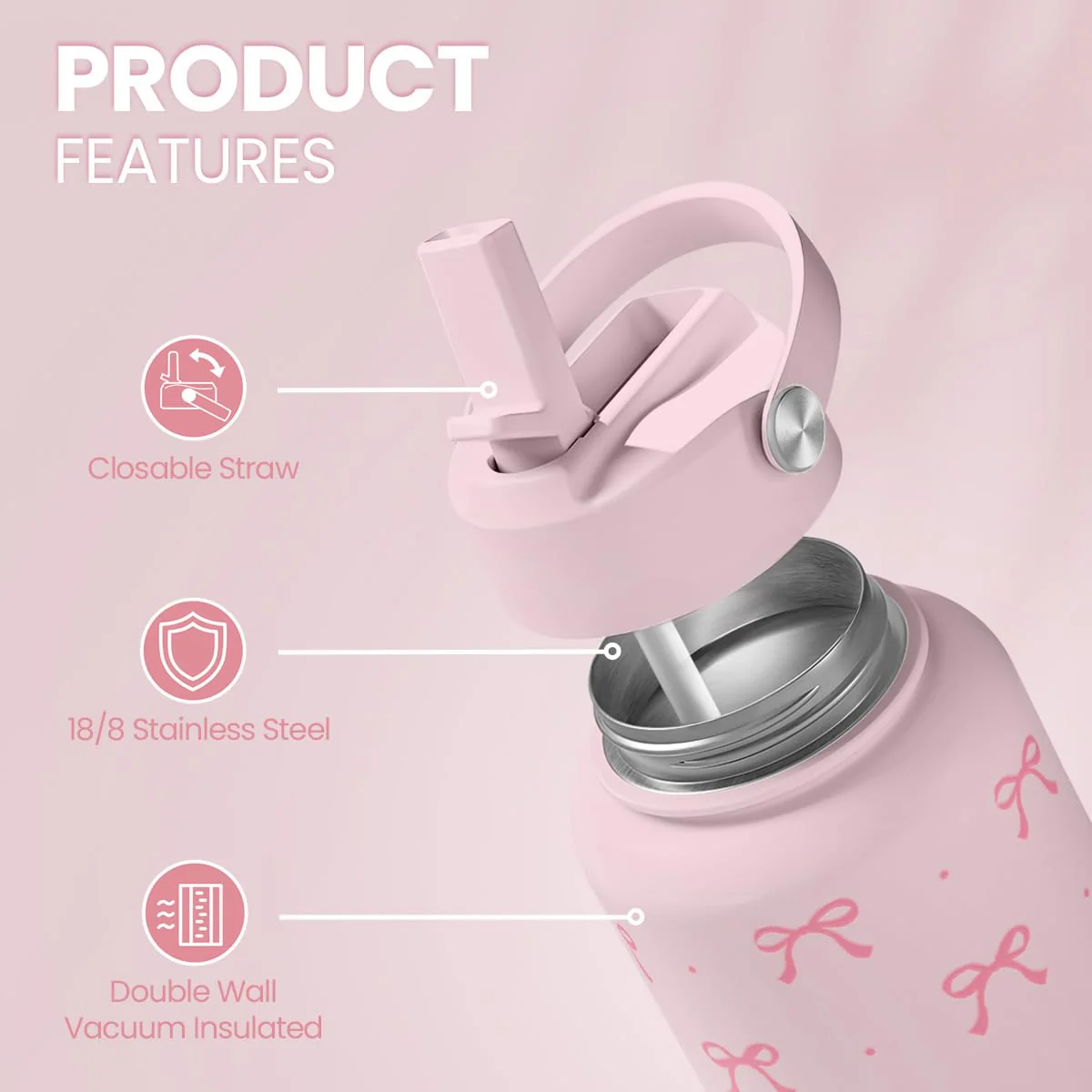 SANDJEST Pink Bow Water Bottle Stainless Steel Insulated Vacuum 32oz with Lid, Gifts for Women Girls Teens Birthday Christmas - Image 6