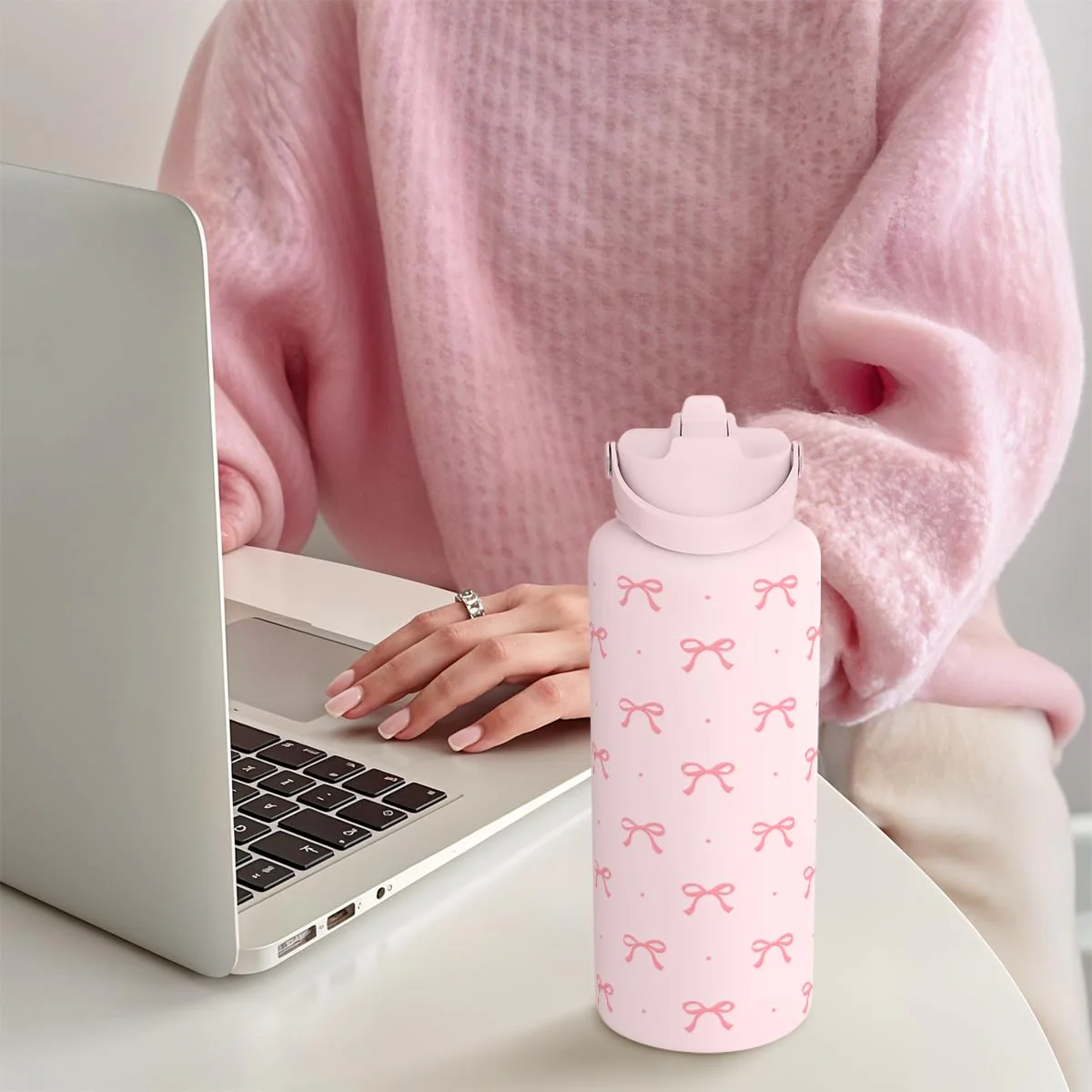 SANDJEST Pink Bow Water Bottle Stainless Steel Insulated Vacuum 32oz with Lid, Gifts for Women Girls Teens Birthday Christmas - Image 7