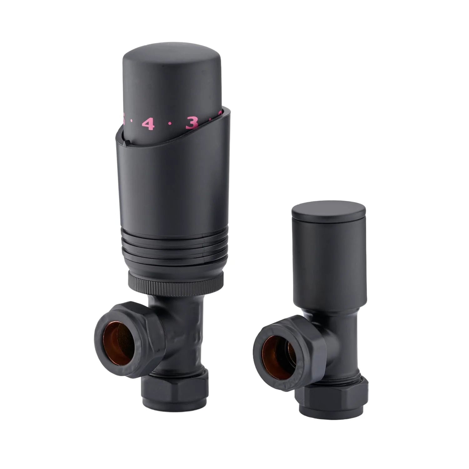 Sandy Beach Radiator Valves Thermostatic Angled Straight with Lockshield - Black 15mm