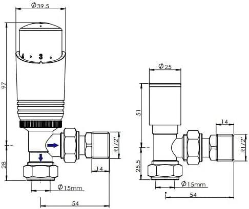 Sandy Beach Radiator Valves Thermostatic Angled Straight with Lockshield - Black 15mm - Image 3