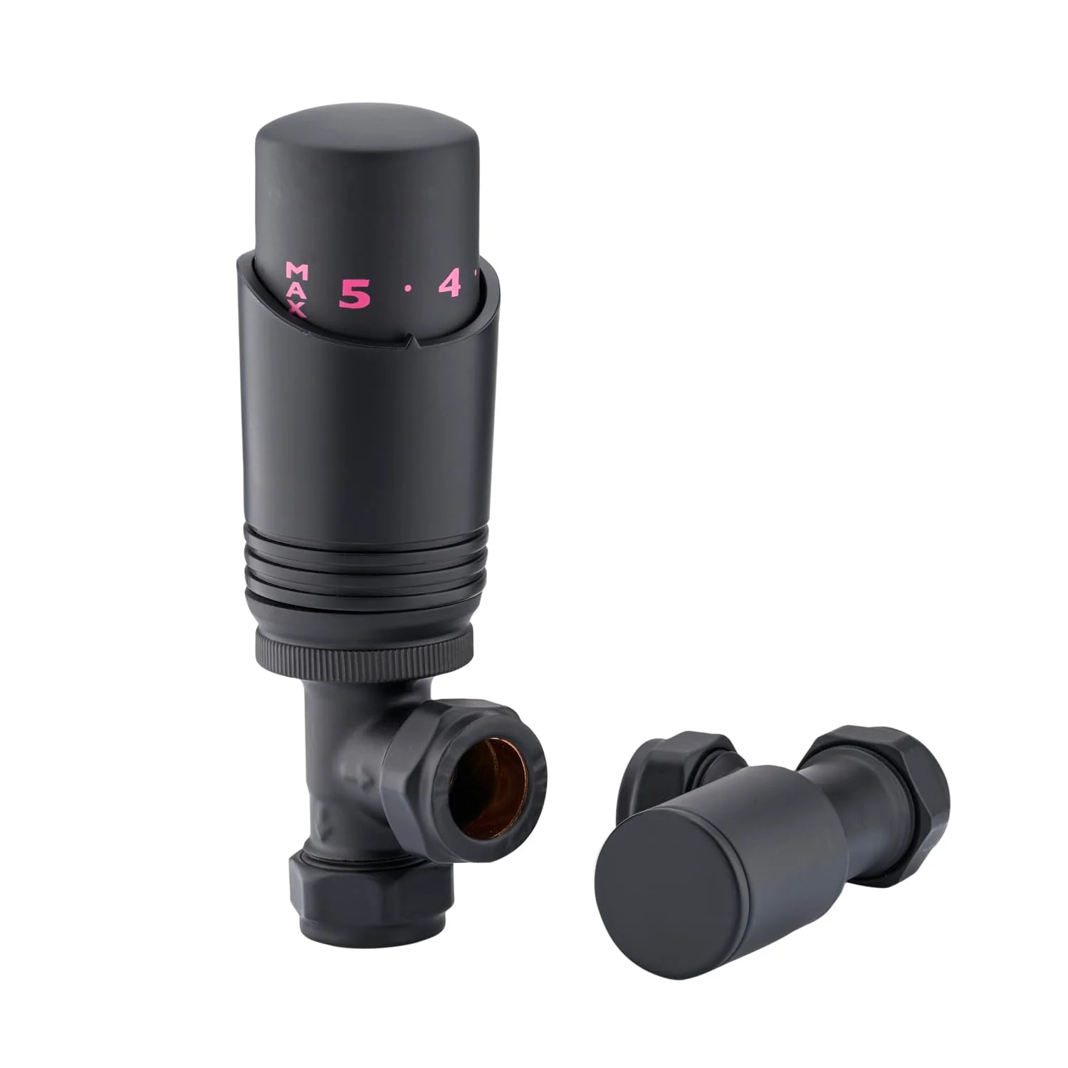 Sandy Beach Radiator Valves Thermostatic Angled Straight with Lockshield - Black 15mm - Image 4