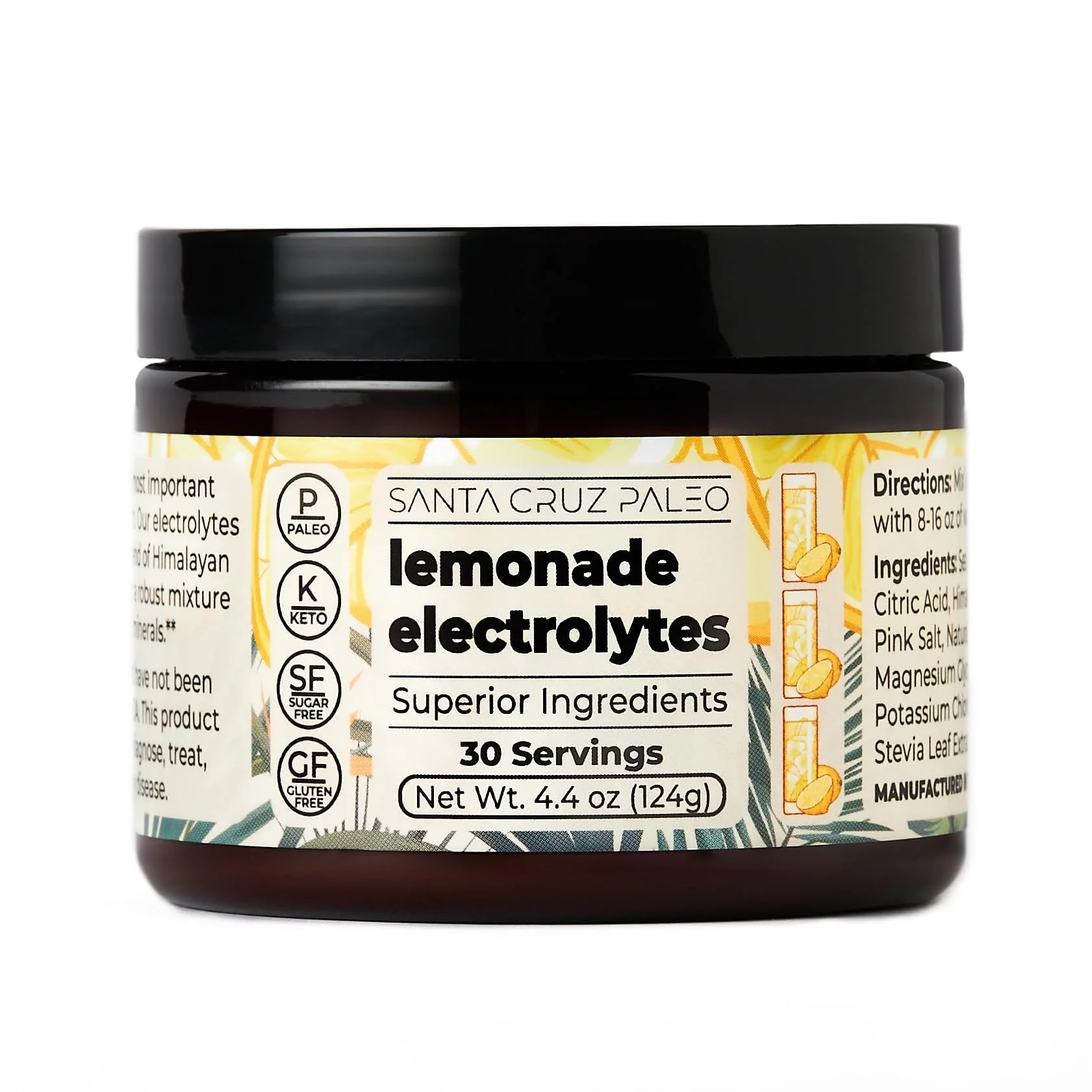 Santa Cruz Paleo Electrolyte Powder, Lemonade Flavor, Sugar Free Hydration Drink Mix with Himalayan Pink Salt, Sea Salt, Magnesium Glycinate, Potassium Chloride, Sweetened with Stevia, 30 Servings