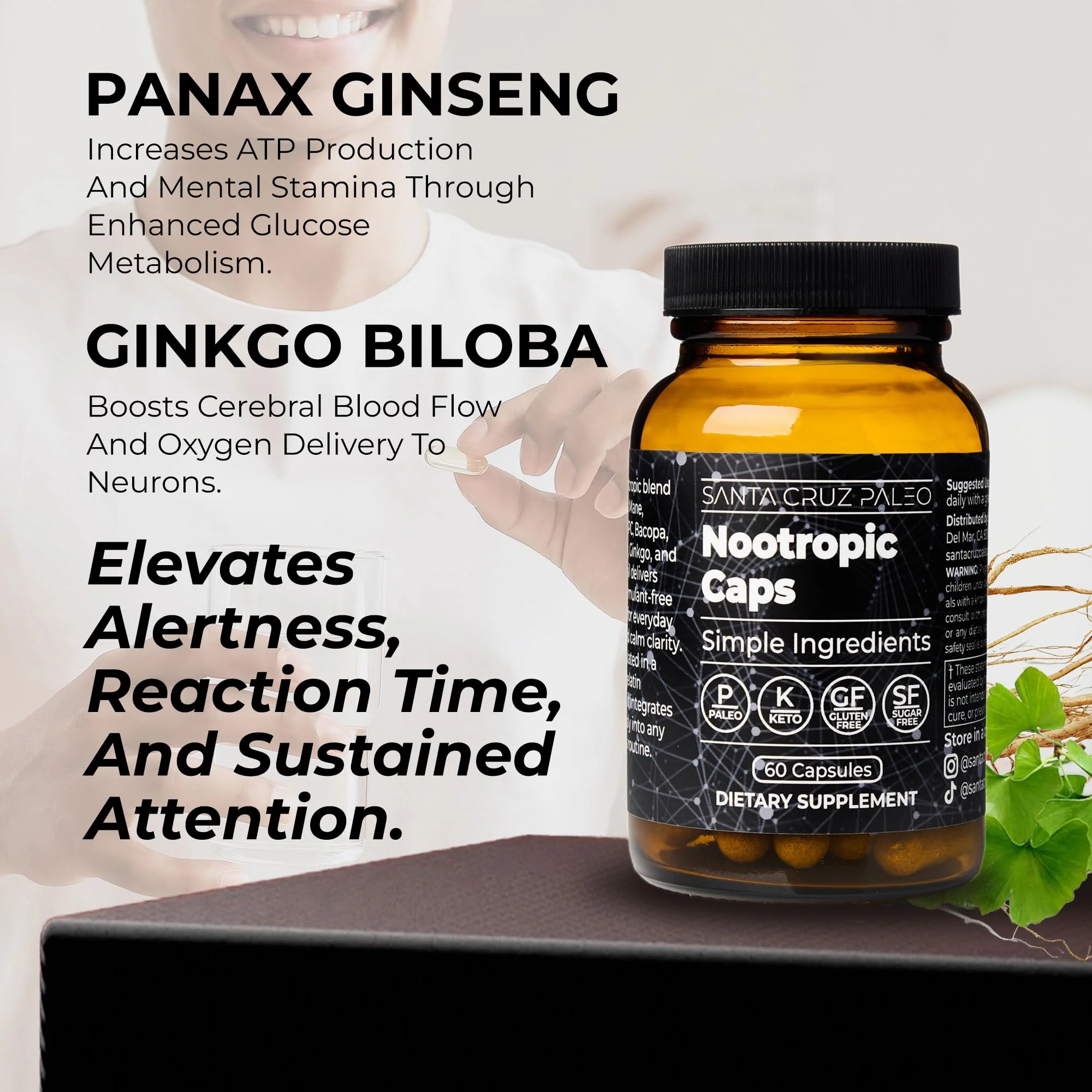 Santa Cruz Paleo Nootropic Capsules – Lions Mane, Alpha GPC, Panax Ginseng & Ginkgo Biloba for Focus, Memory, Mental Clarity & Energy – Keto, Paleo, Gluten Free Brain Supplement, 60 Caps - Image 7
