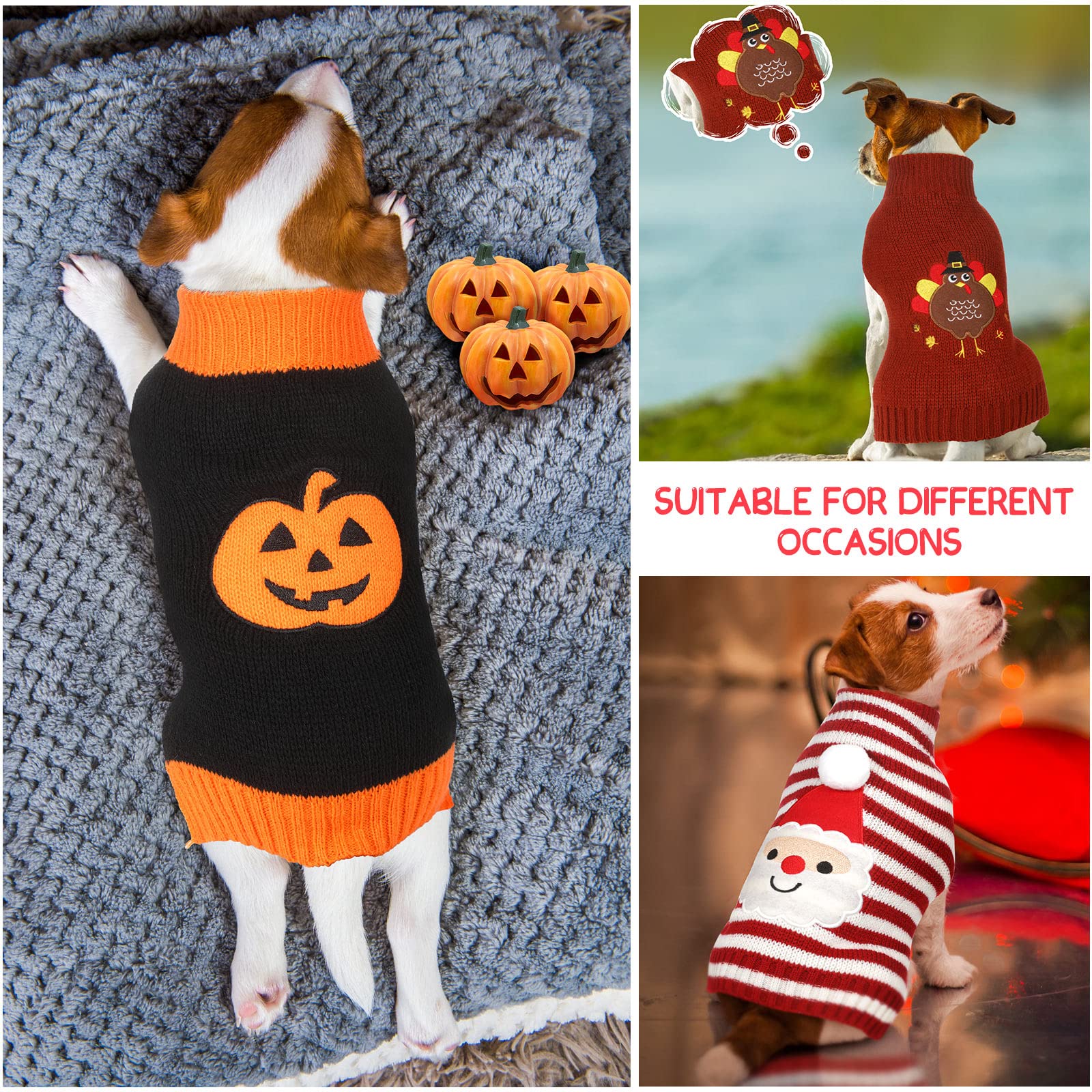 Sanwuta 3 Pieces Halloween Thanksgiving Christmas Dog Sweaters Sets Pumpkin Turkey Santa Puppy Dog Clothes Pet Knitwear for Puppy Doggie Cat Pet Costume (Medium) - Image 3