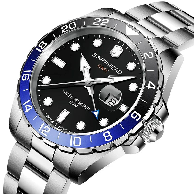 SAPPHERO GMT Watches Men's Swiss Quartz Movement Dual Time Zone 100 m Waterproof Men's Watch Elegant Business Casual Watch Men's Silver Stainless Steel Strap with Luminous Calendar Gift for Men, - Image 2