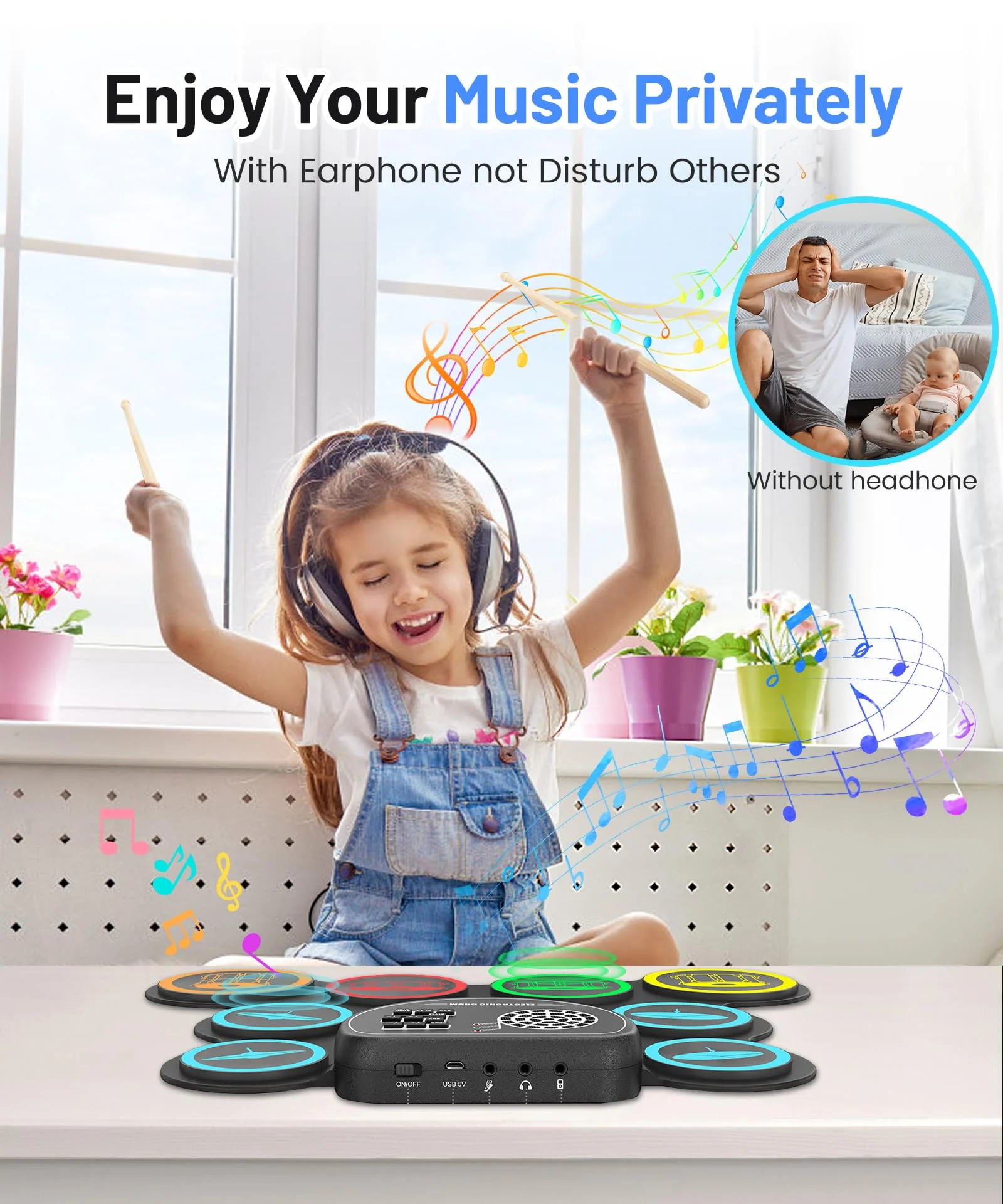 Sboet Electronic Drum Set, 9-Drum Practice Pad with Headphone Jack, Roll-up Drum Kit Machine with Built-in Speaker Drum Pedals and Sticks 10 Hours Playtime, Great Christmas for Kids - Image 3