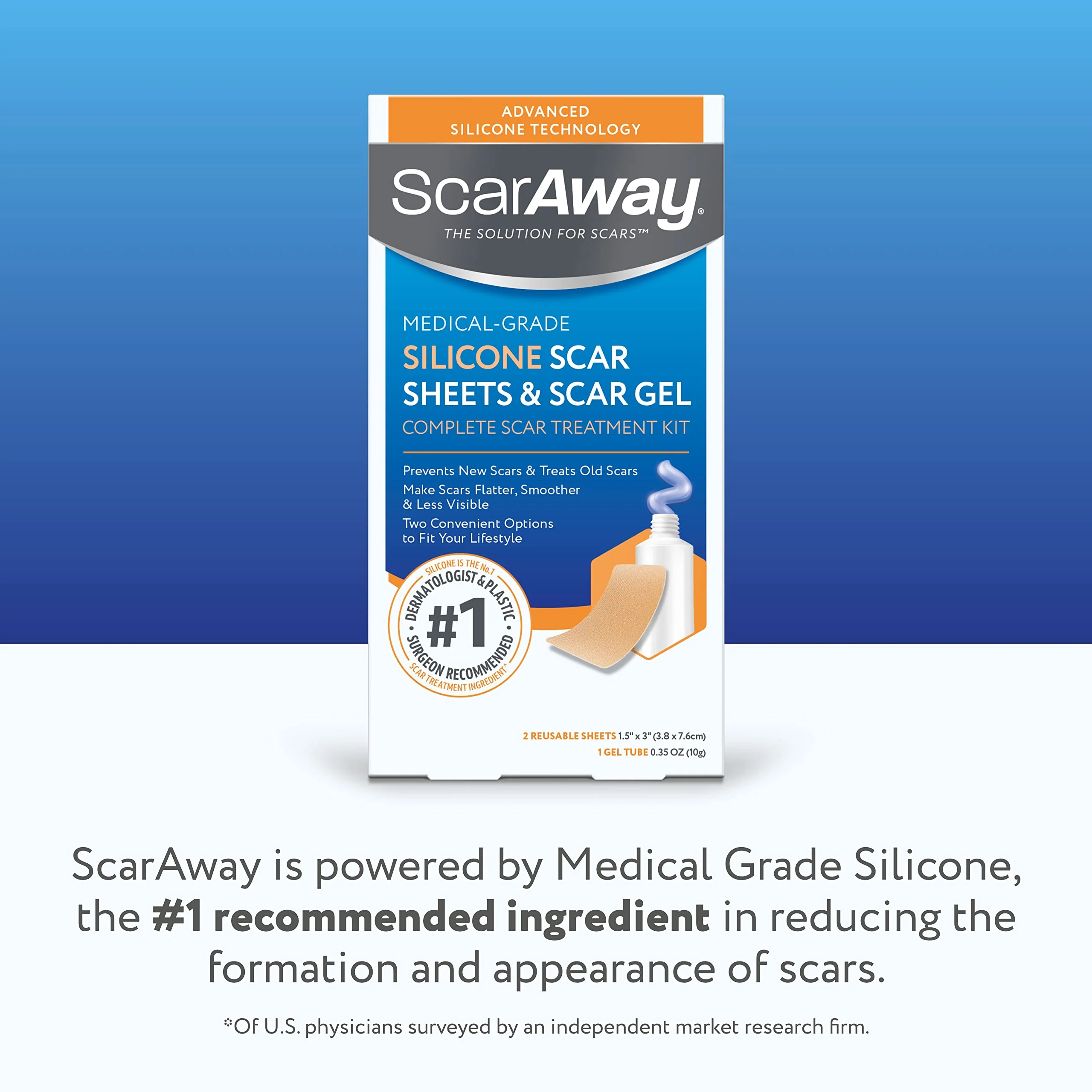 ScarAway Complete Scar Treatment Kit, Clinically Supported Treatment for Scars (2) Tan Medical-Grade Silicone Scar Sheets (1.5" x 3") and Silicone Gel (0.35 Oz), Water-Resistant & Self-Adhesive - Image 2
