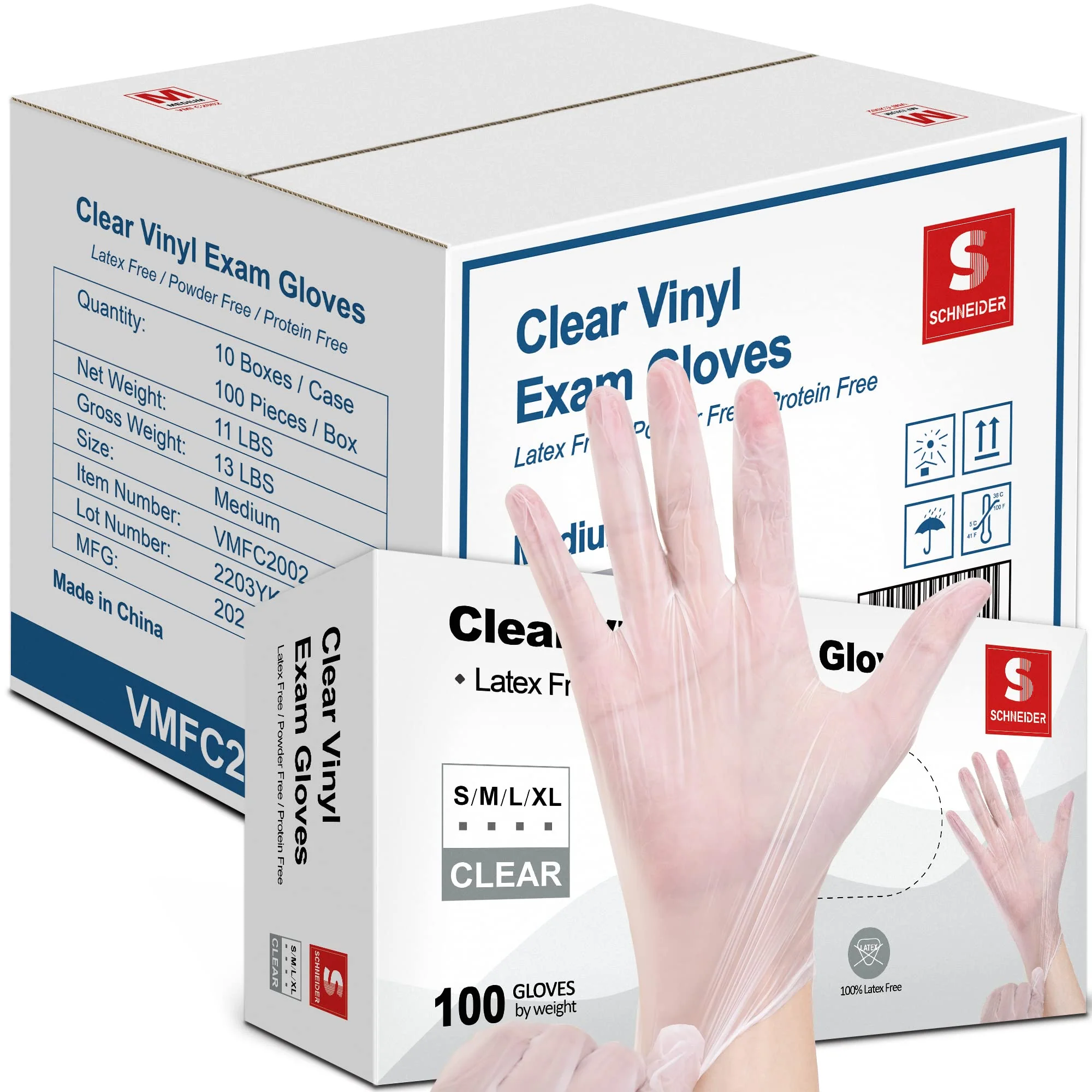 Schneider Clear Vinyl Exam Gloves, 4-mil, XL 1000-ct Case, Latex-Free, Disposable Gloves, Medical Gloves, Cleaning Gloves, Food Prep Gloves, Food Safe Rubber Gloves, Powder-Free, Non-Sterile