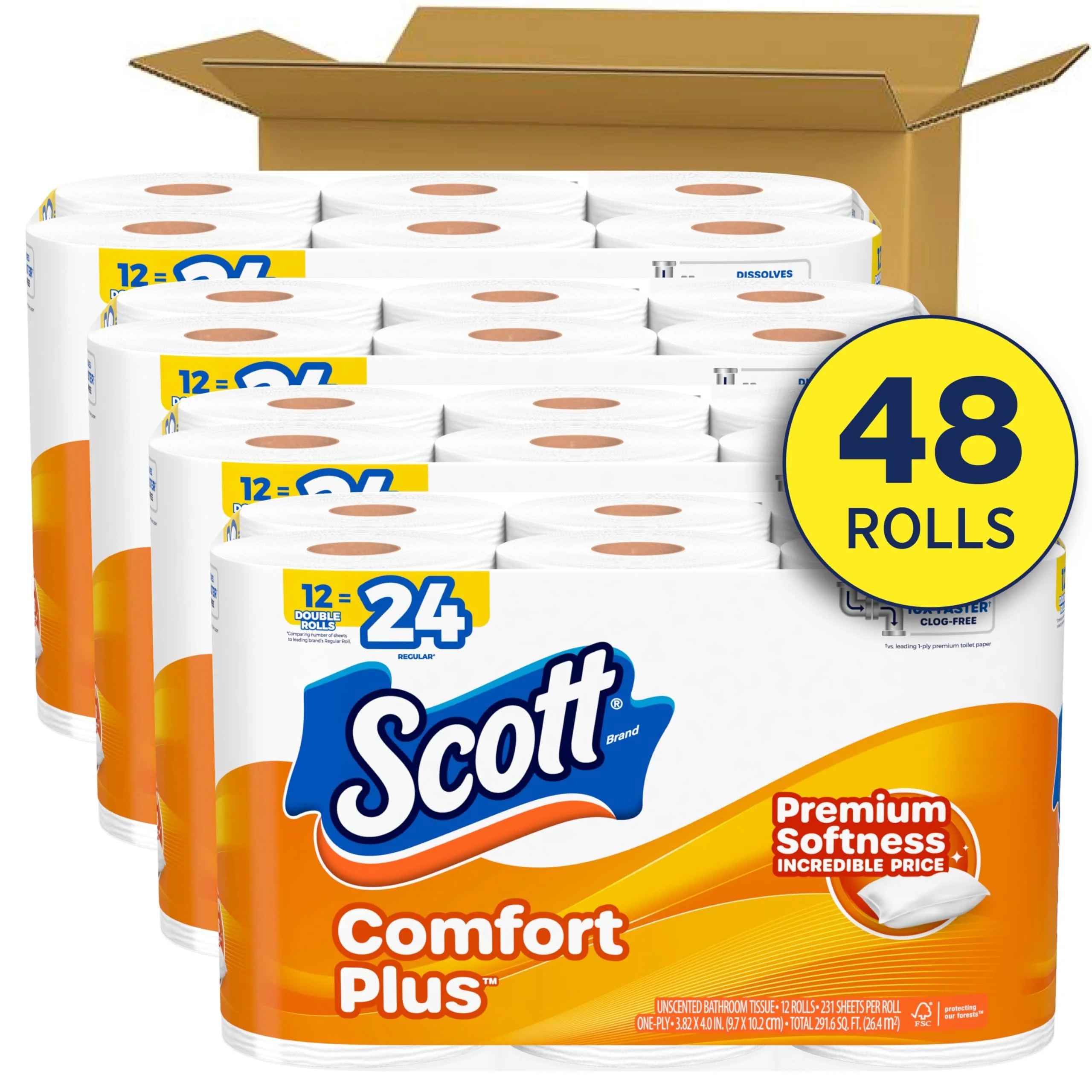 Scott ComfortPlus Toilet Paper, 48 Double Rolls, 231 Sheets per Roll, Septic-Safe, 1-Ply Toilet Tissue - Image 7