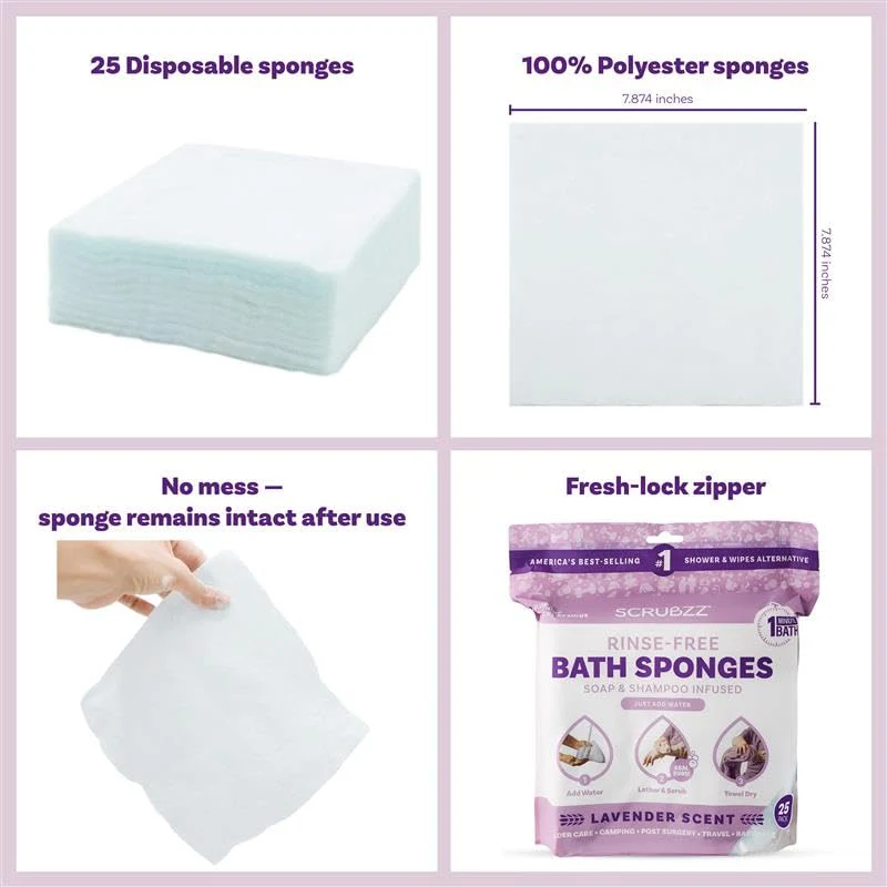 Scrubzz Disposable No Rinse Bathing Wipes - All-in-1 Single Use Shower Wipes, Simply Dampen, Lather, and Dry Without Shampoo or Rinsing (Lavender, 2-Pack) - Image 8