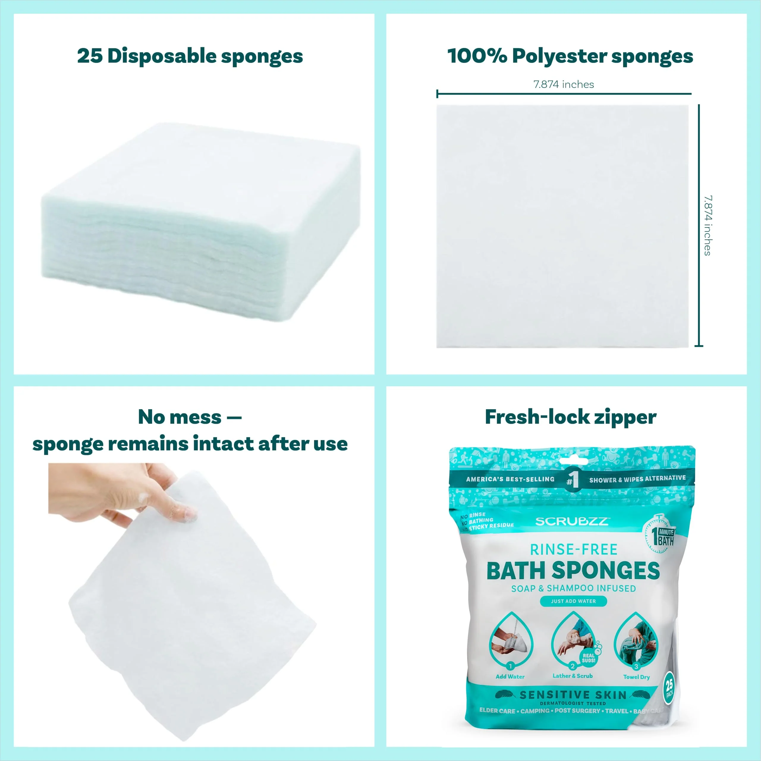 Scrubzz Disposable No Rinse Bathing Wipes for Sensitive Skin - All-in-1 Single Use Shower Wipes, Simply Dampen, Lather, and Dry Without Shampoo or Rinsing (Sensitive Skin, 3-Pack) - Image 7