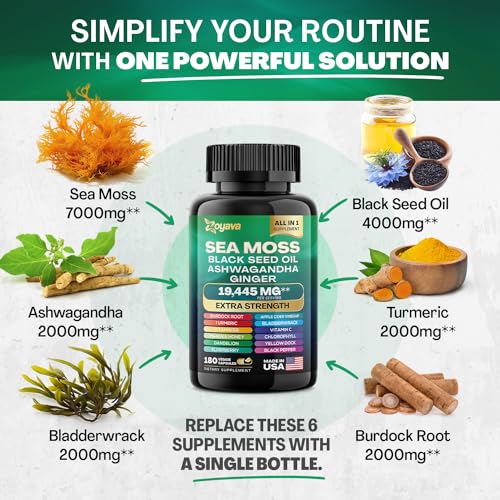Sea Moss 7000mg Black Seed Oil 4000mg Ashwagandha 2000mg Turmeric 2000mg Bladderwrack 2000mg Burdock 2000mg & Ginger Vitamin C Vitamin D3 with Elderberry Manuka Dandelion Yellow Dock Chlorophyll ACV - Image 6