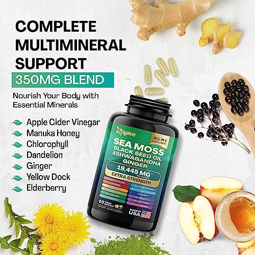 Sea Moss 7000mg Black Seed Oil 4000mg Ashwagandha 2000mg Turmeric 2000mg Bladderwrack 2000mg Burdock 2000mg & Ginger Vitamin C Vitamin D3 with Elderberry Manuka Dandelion Yellow Dock Chlorophyll ACV - Image 3