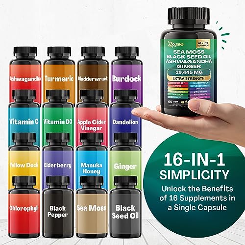 Sea Moss 7000mg Black Seed Oil 4000mg Ashwagandha 2000mg Turmeric 2000mg Bladderwrack 2000mg Burdock 2000mg & Ginger Vitamin C Vitamin D3 with Elderberry Manuka Dandelion Yellow Dock Chlorophyll ACV - Image 5