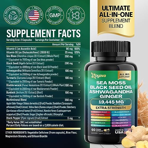 Sea Moss 7000mg Black Seed Oil 4000mg Ashwagandha 2000mg Turmeric 2000mg Bladderwrack 2000mg Burdock 2000mg & Ginger Vitamin C Vitamin D3 with Elderberry Manuka Dandelion Yellow Dock Chlorophyll ACV - Image 6