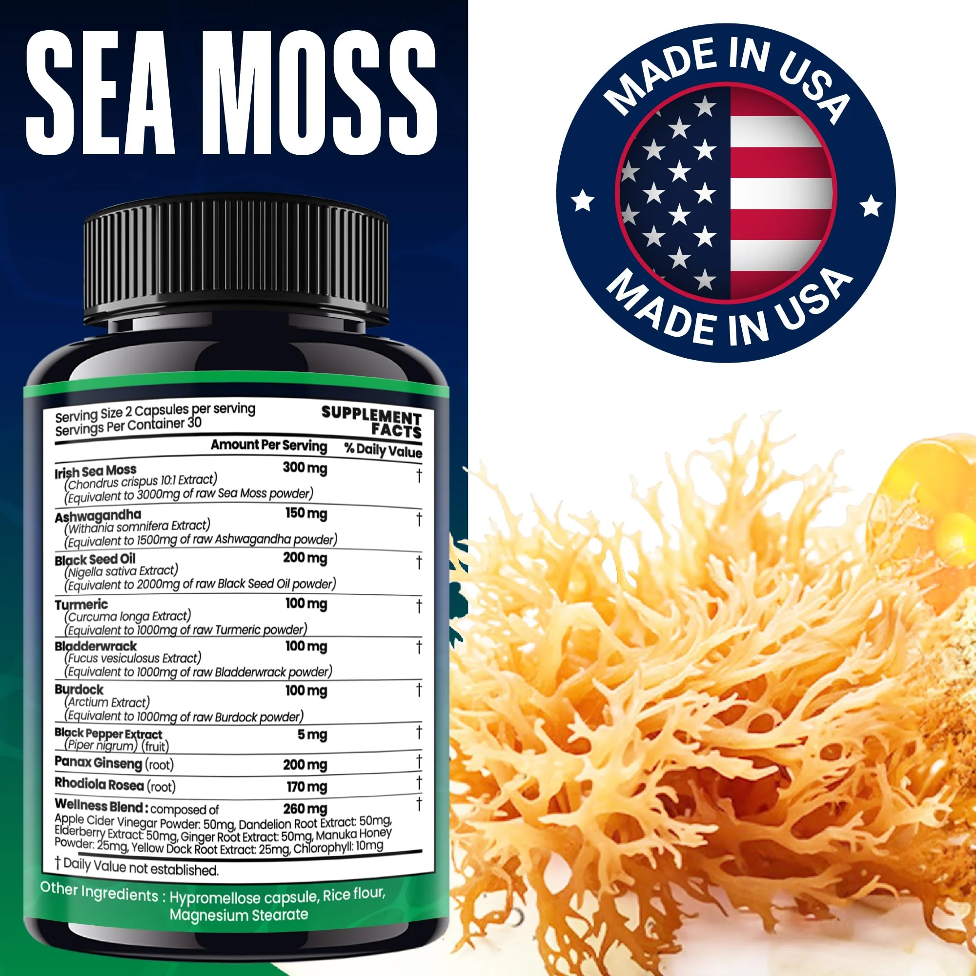 Sea Moss Black Seed Oil Ashwagandha Ginger - Advanced Irish Sea Moss Capsules All in One Supplement with Seamoss Black Seed Oil Ashwagandha Burdock Root Bladderwrack - Pills for Energy, Immune, Gut - Image 5