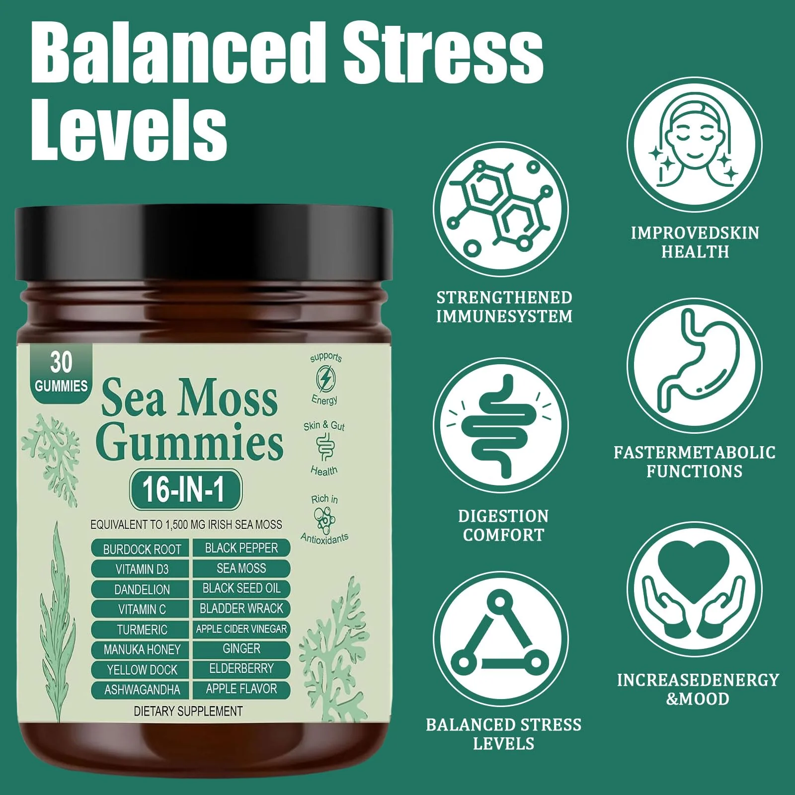 Sea Moss Gummies 16-in-1 | Irish Seamoss Gummies for Women Men with Black Seed Oil & Ashwagandha & Burdock & Bladderwrack | Boosts Immune Support, Skin Health and Digestion | 30 Gummies - Image 7