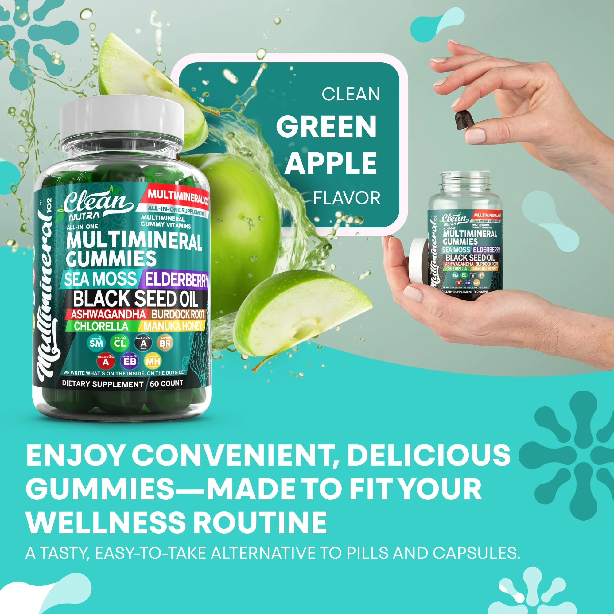 Sea Moss Gummies | Clinically Tested - Black Seed Oil Ashwagandha Elderberry Burdock Root Chlorella Manuka Honey - Vegan Irish Sea Moss Gummy Vitamins for Adults Kids Men Women - Green Apple Flavor - Image 4