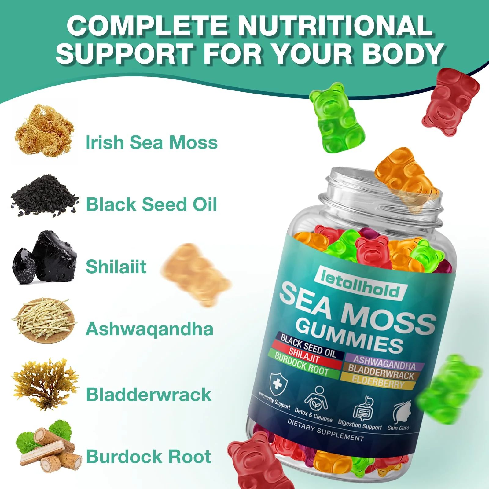 Sea Moss Gummies - Irish Sea Moss Gummies Advanced for Adults with Ashwagandha Bladderwrack & Burdock Root for Supports Immune,Energy - 60 Vegan Gummy,2PCS - Image 4