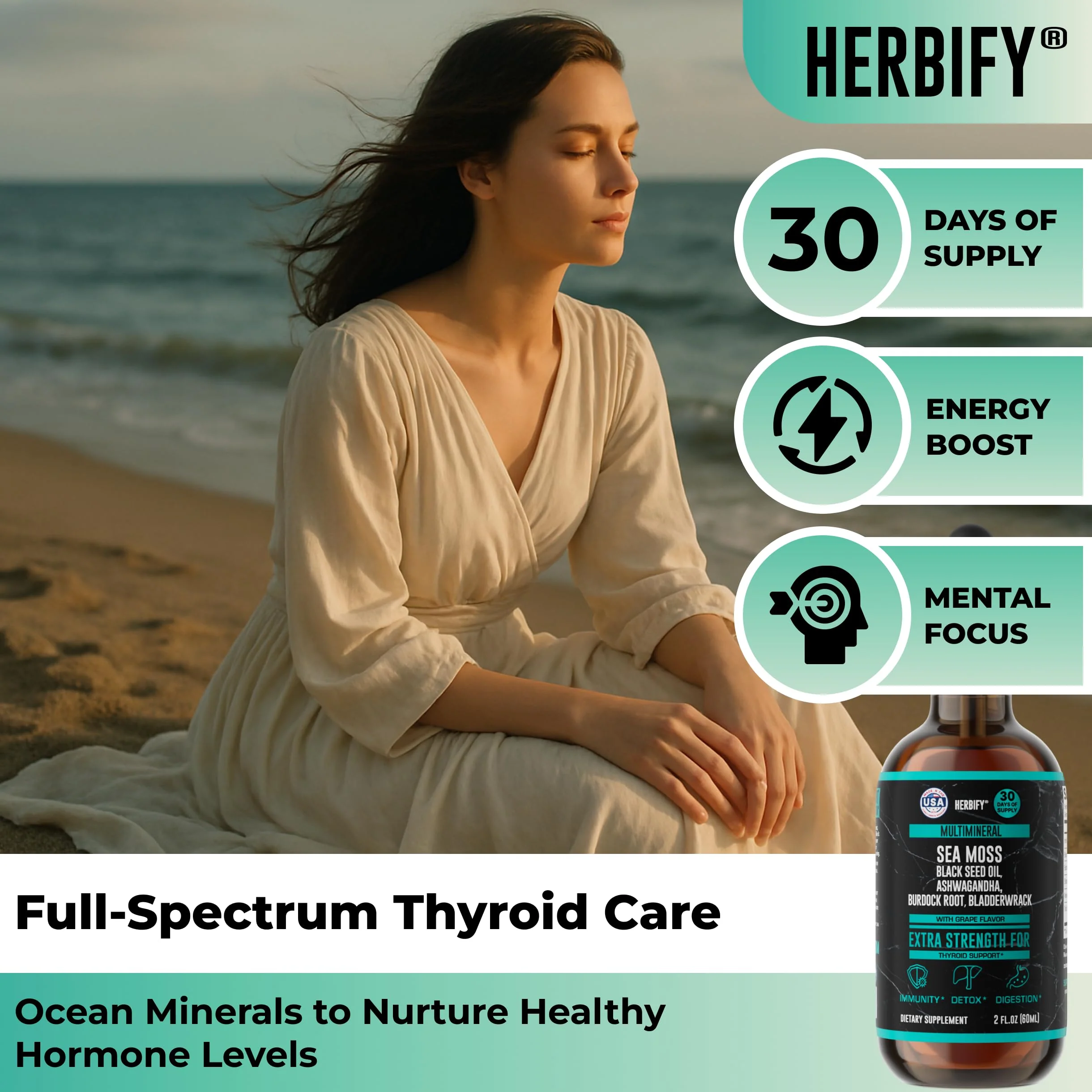 Sea Moss Multimineral Liquid Supplement - Irish Sea Moss Black Seed Oil Ashwagandha Burdock Root Bladderwrack - Gut Health, Immune & Thyroid Support for Women - Grape Flavor - 2 Fl Oz - Made in USA - Image 5