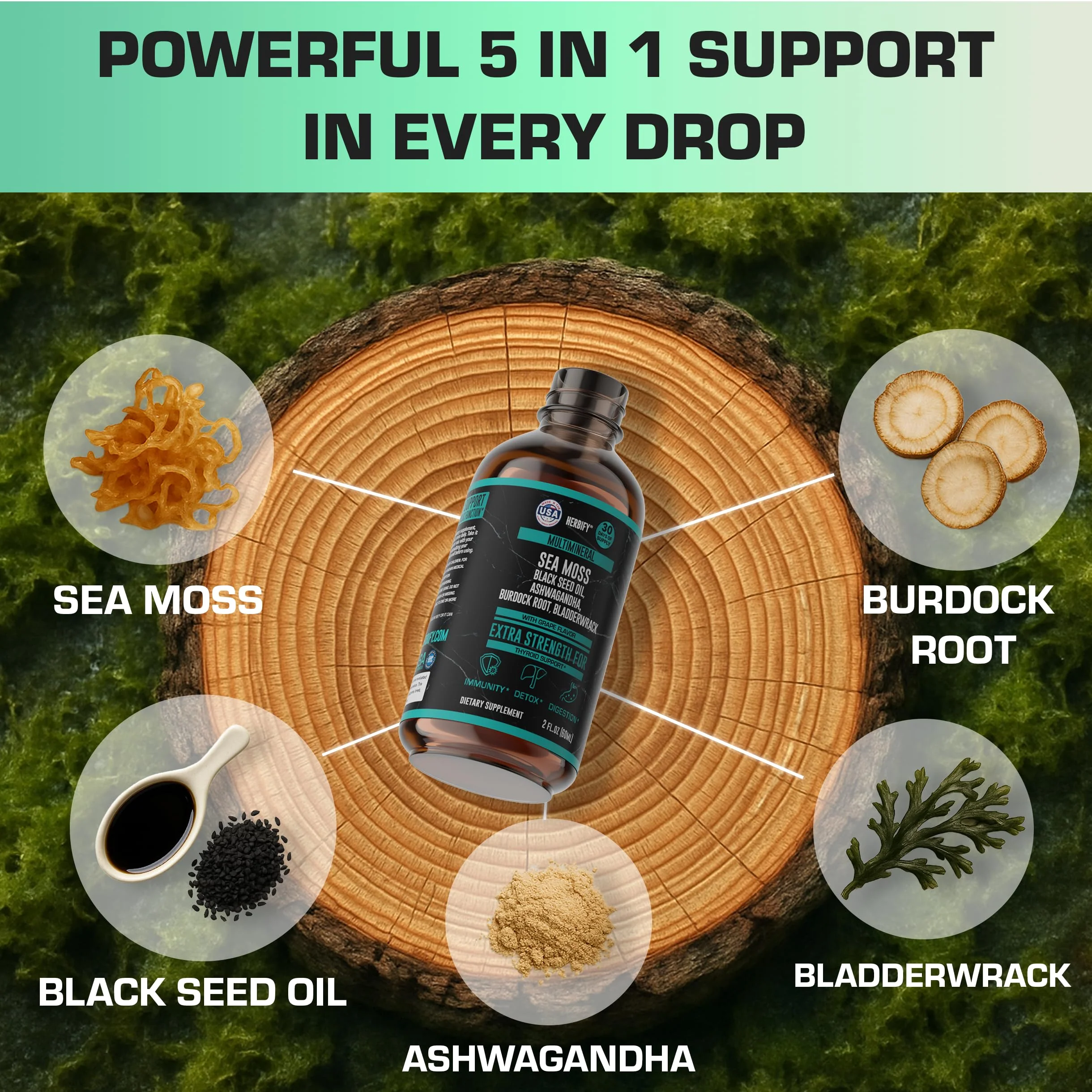 Sea Moss Multimineral Liquid Supplement - Irish Sea Moss Black Seed Oil Ashwagandha Burdock Root Bladderwrack - Gut Health, Immune & Thyroid Support for Women - Grape Flavor - 2 Fl Oz - Made in USA - Image 6