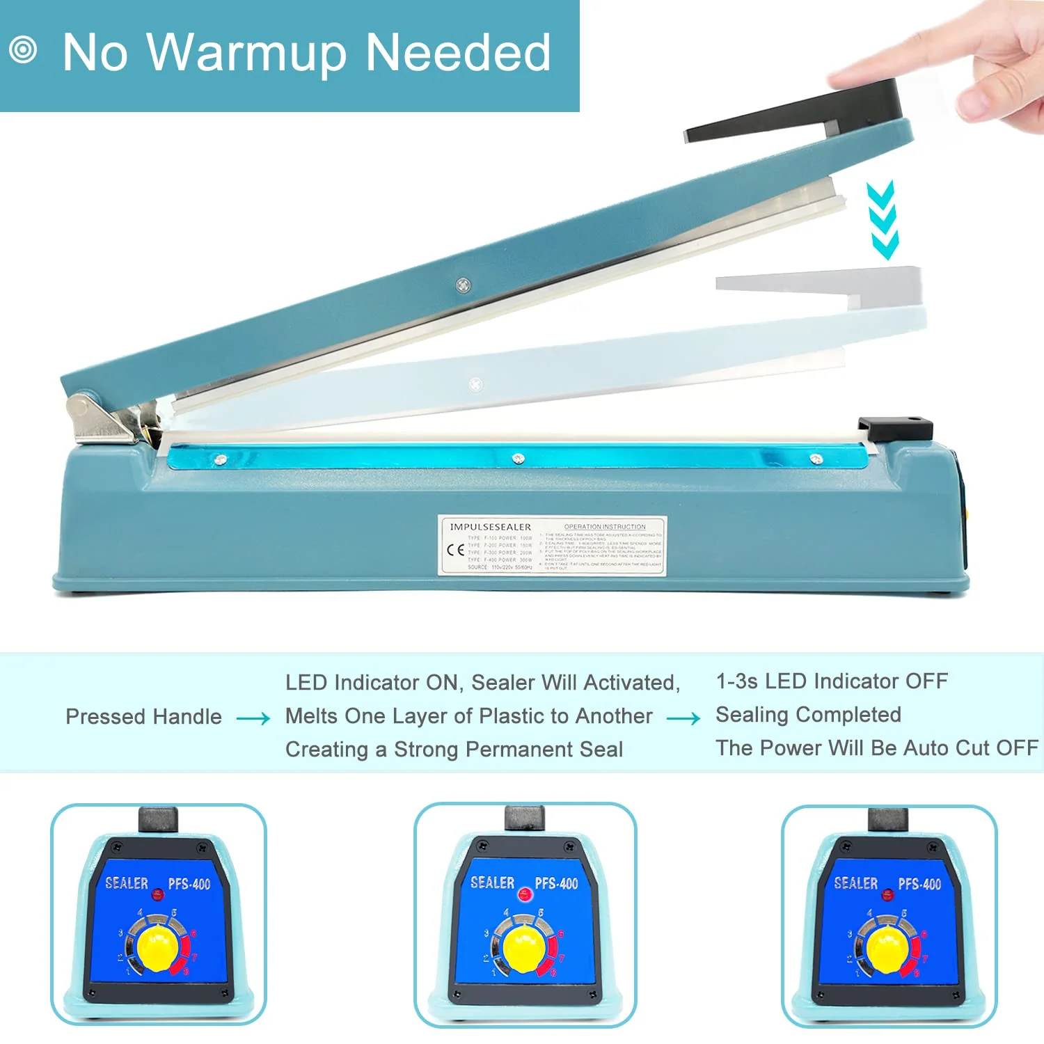 SEELAUGH Impulse Sealer 16 inch Heat Sealer for Plastic Bags, Metal Plastic Bag Sealer Heat Seal, Mylar Bag Sealer, Manual Poly Bag Hot Seal Sealing Machine with 4 Repair Kit(2 Cutting Lines Included) - Image 4