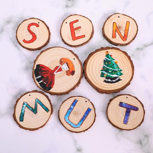 SENMUT Wood Slices 30 Pcs 3.5-4.0 inch Natural Rounds Unfinished Wooden Circles Christmas Wood Ornaments for Crafts Wood Kit Predrilled with Hole Wood Coasters, Craft Supplies for DIY and Painting - Image 8